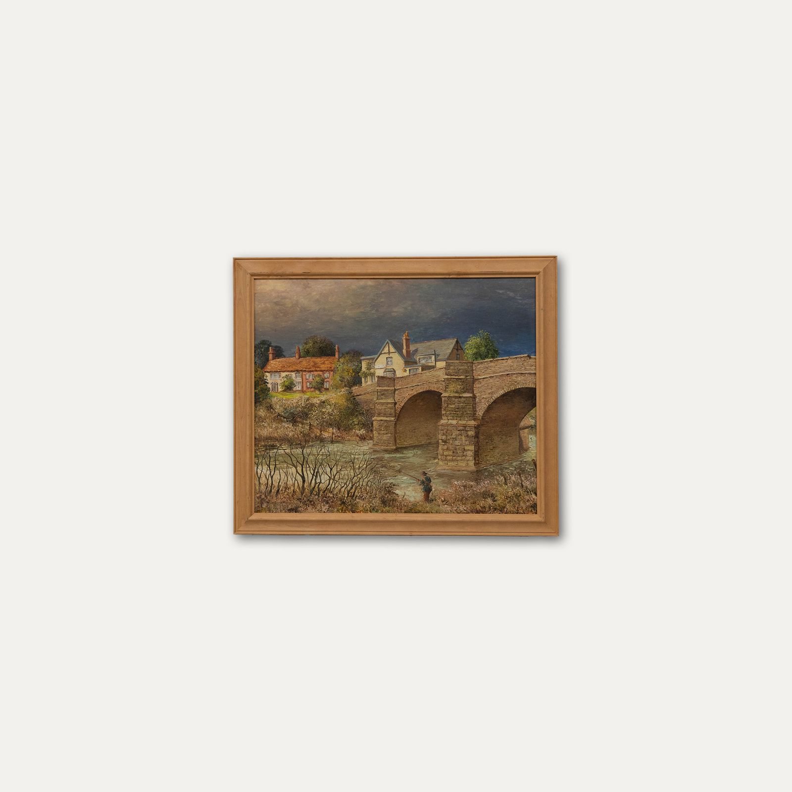 Fred Barney Framed 20th Century Oil, Fisherman Beside A Stone Bridge photo vinterior