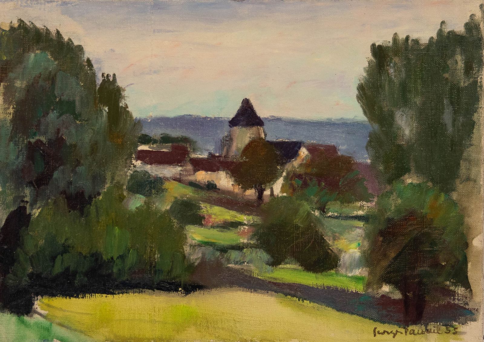 Georges Pacouil (1903 1996) 1955 Oil, Village In The Valley photo furniture