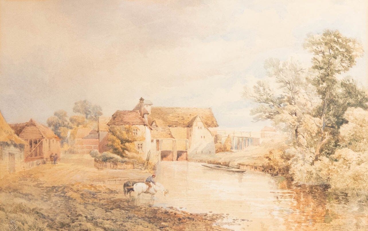 W. S. S.  19th Century Watercolour, Farm By The Stream photo furniture