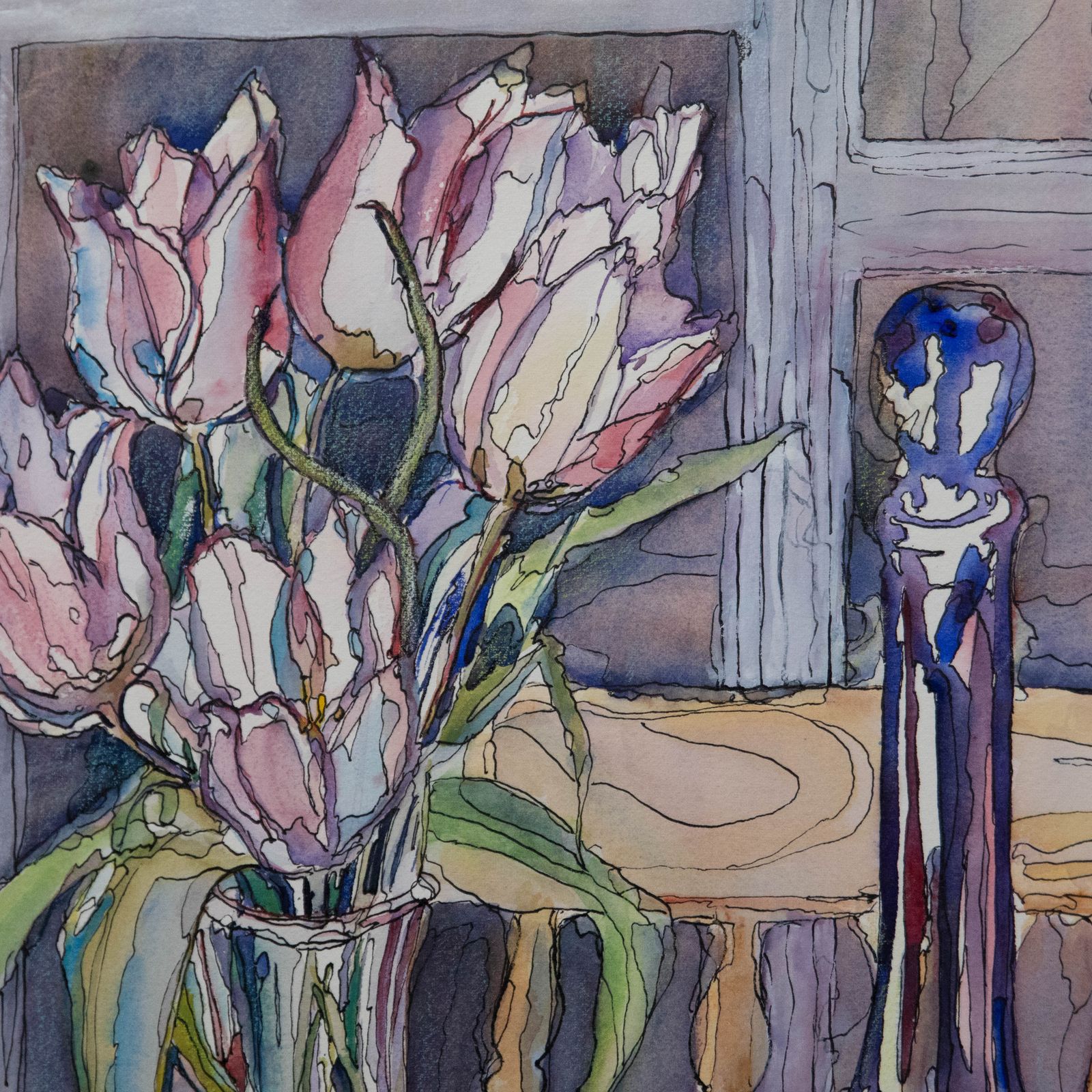 Lesley Fuller  Contemporary Watercolour, Tulips And Blue Vase photo Art