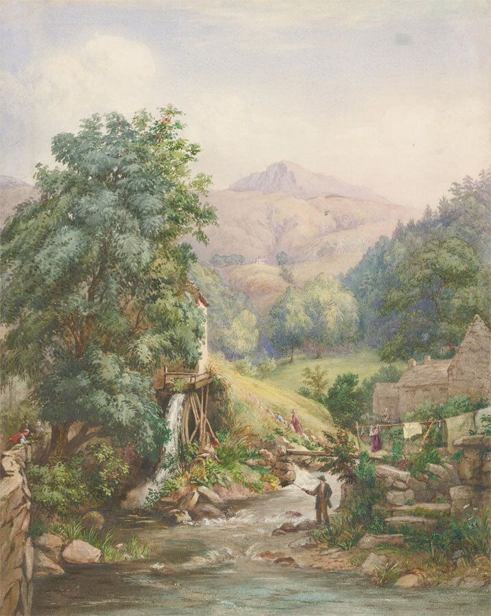 L. Drayton 19th Century Watercolour, Fishing Below The Village Mill