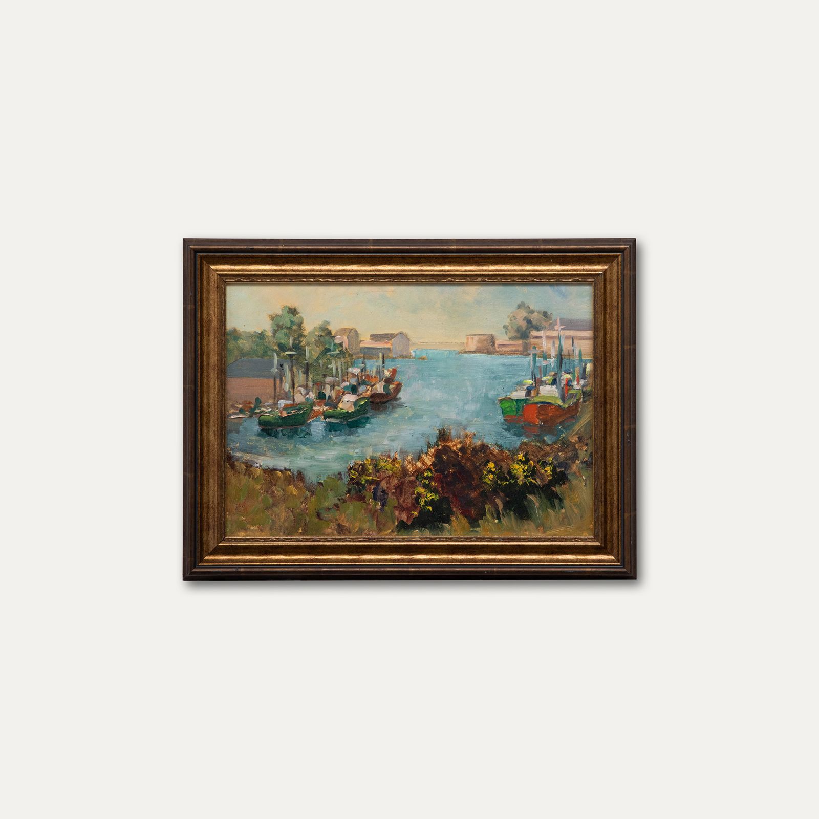 Charles Bernard French Mid 20th Century Oil, Quiet Boat Yard photo vinterior