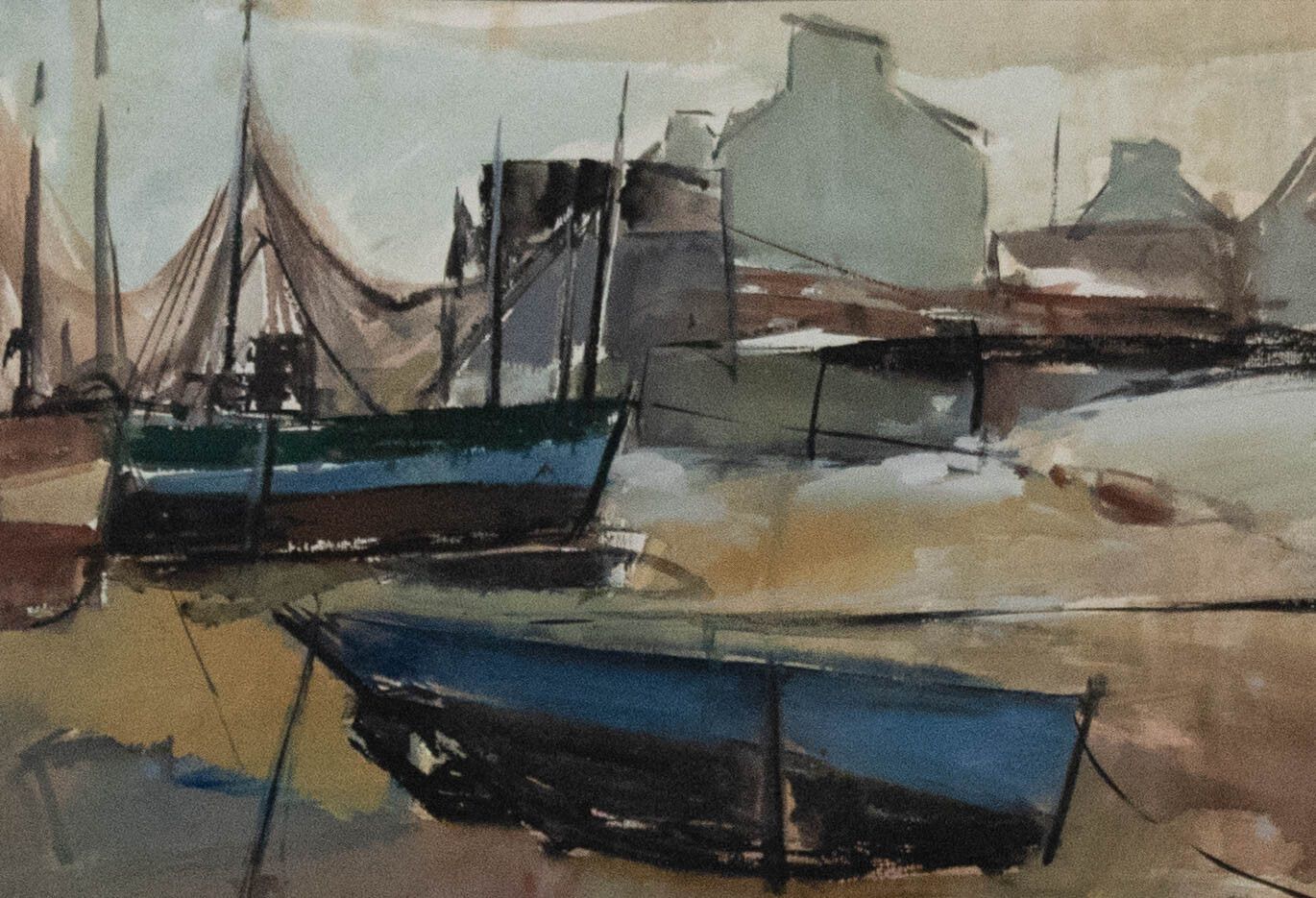 Framed 20th Century Watercolour Fishing Boats In A Harbour photo furniture