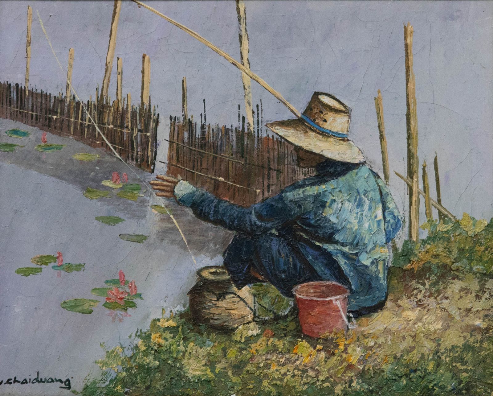 V. Chaiduang Contemporary Oil, Angler On The River Bank photo furniture