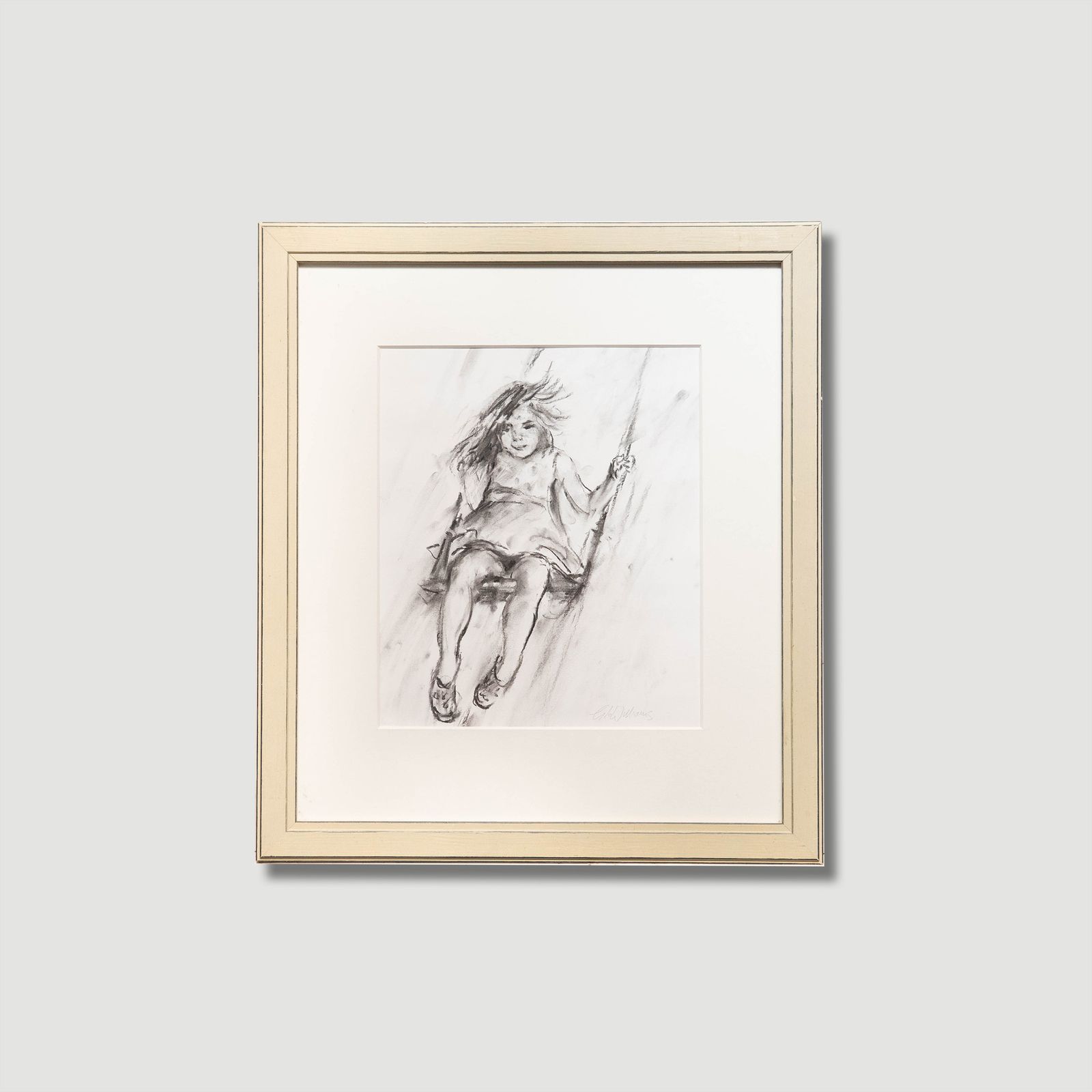 Glo Williams (B.1940) Contemporary Charcoal Drawing, The Swing photo vinterior