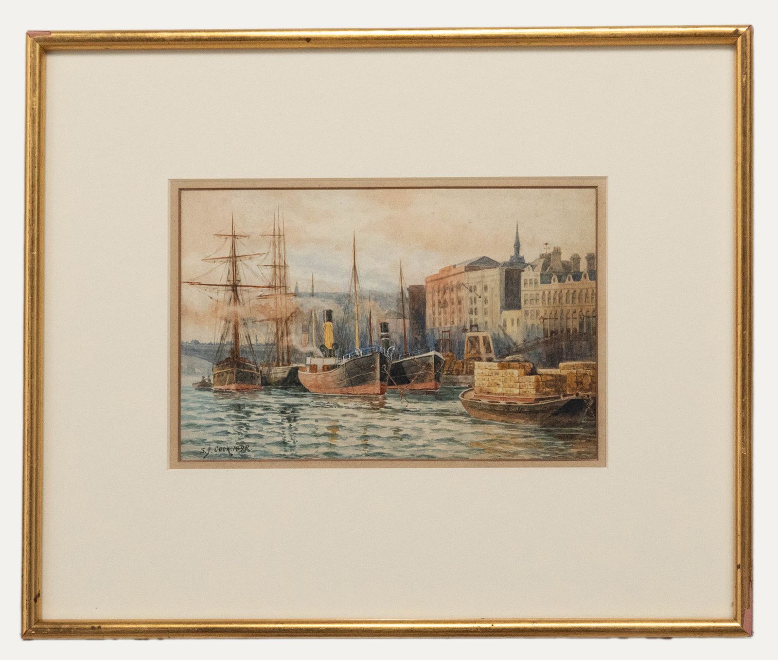 Sydney F. Cook Framed Late 19th Century Watercolour, Cargo Ships In Dock