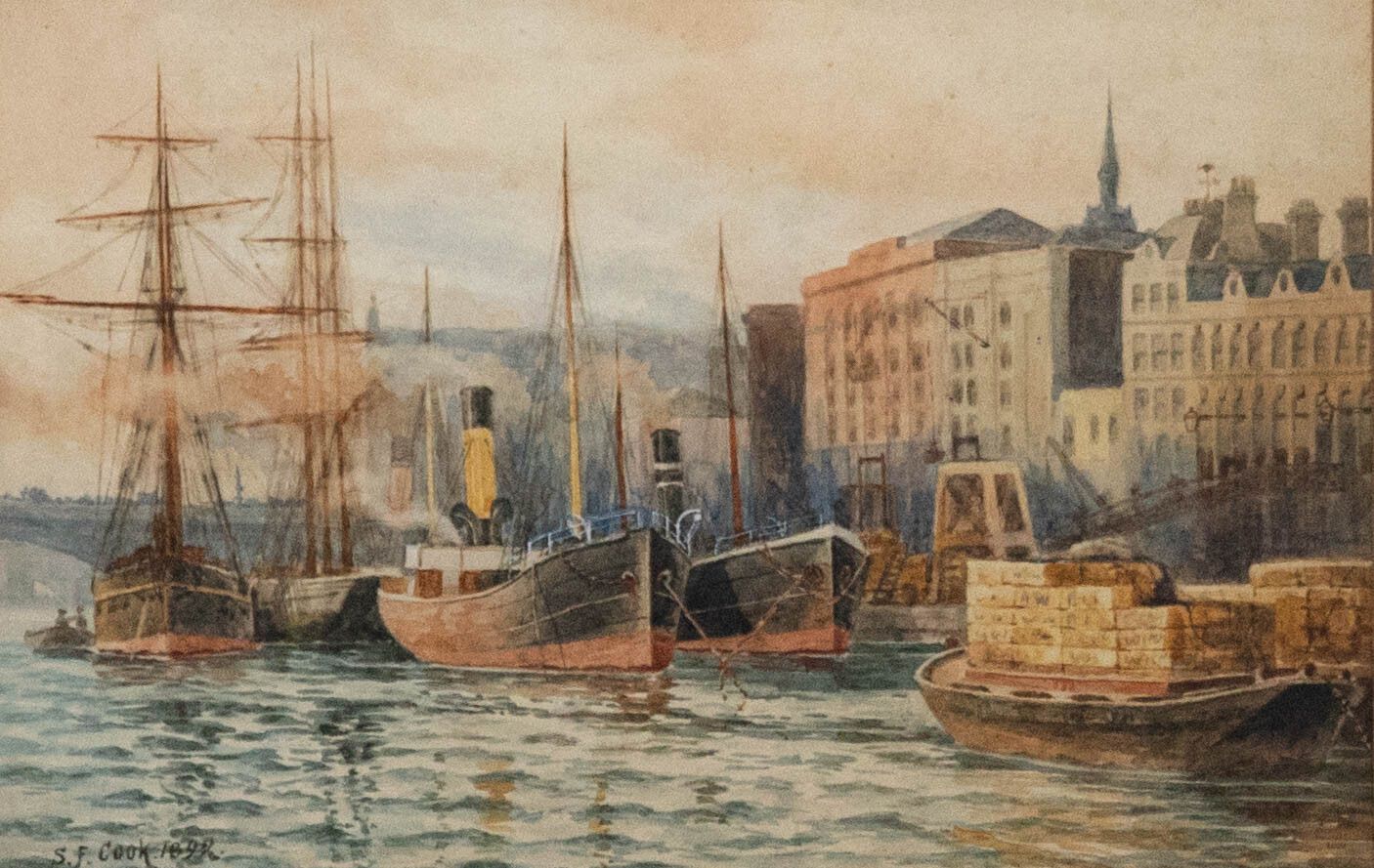 Sydney F. Cook Framed Late 19th Century Watercolour, Cargo Ships In Dock photo furniture