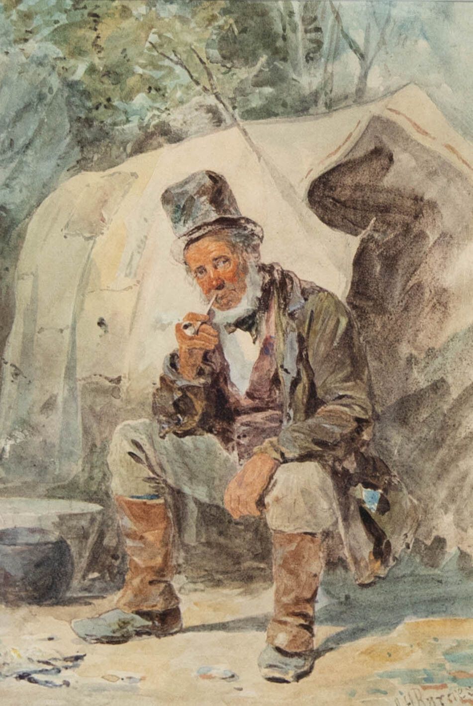 Joseph H. Barnes (Fl.1867 1887)  Framed Watercolour, A Wayfarer Smoking His Pipe photo furniture
