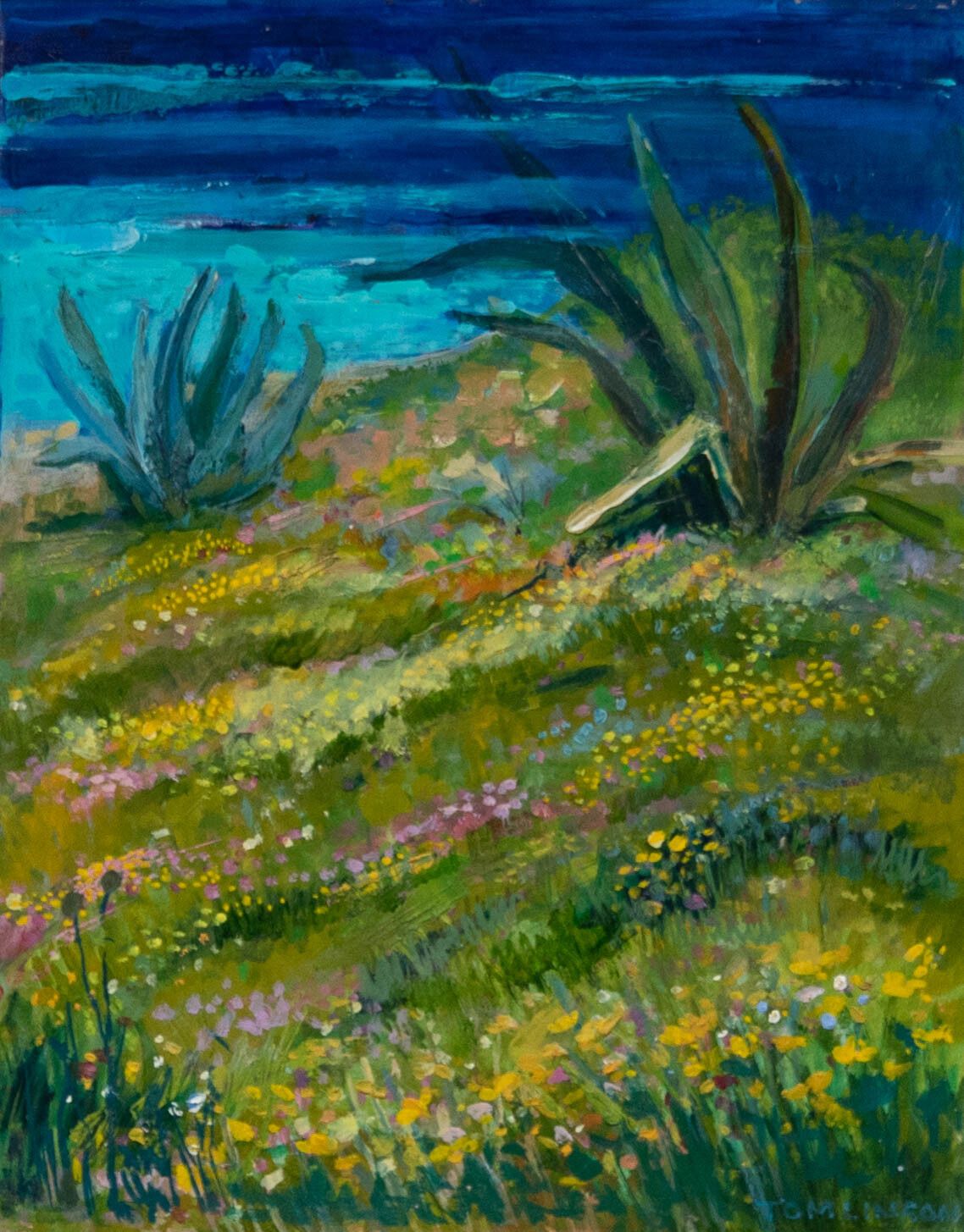 Greta Tomlison (1927 2021) Framed Oil, Coastal View With Aloe Vera Plants photo furniture