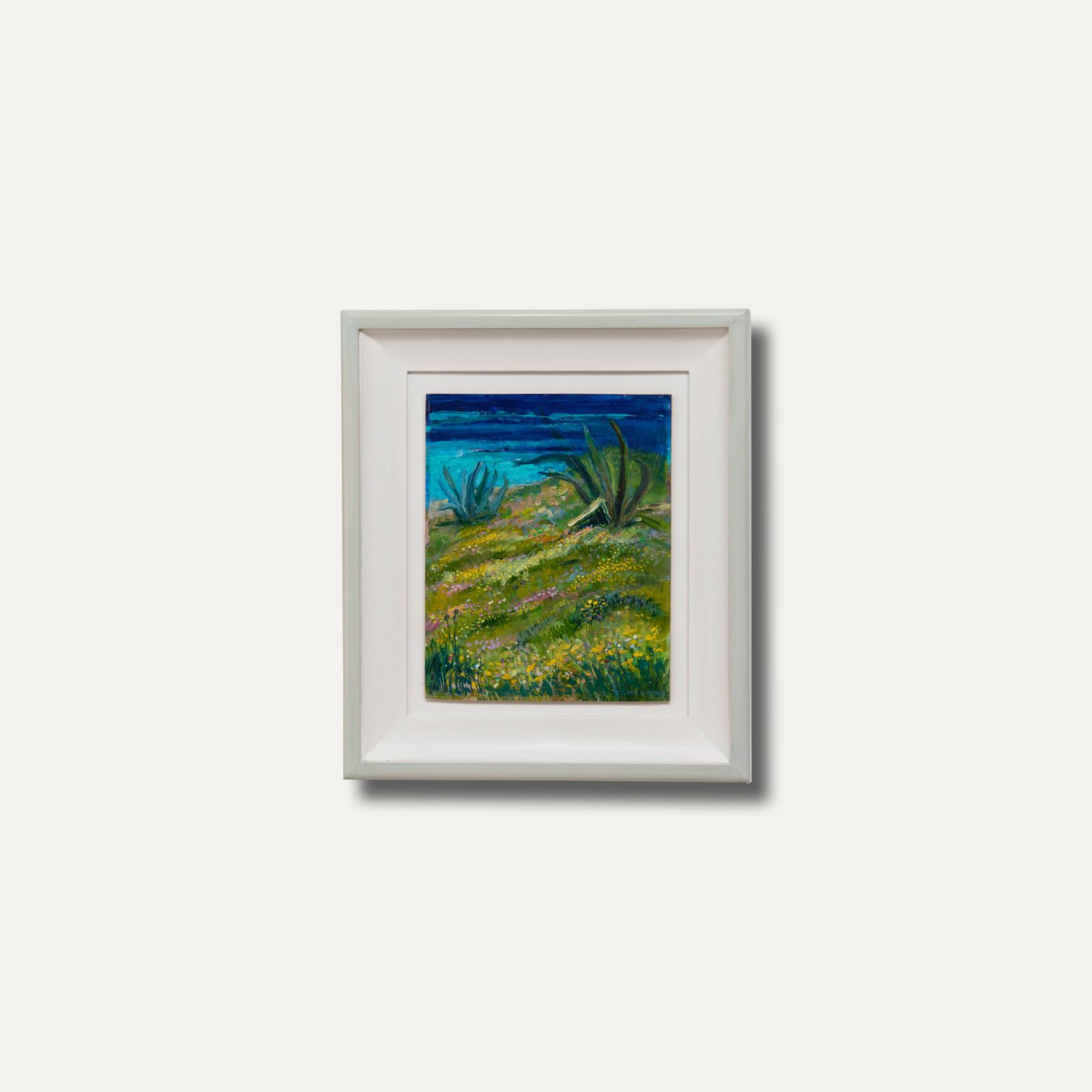 Greta Tomlison (1927 2021) Framed Oil, Coastal View With Aloe Vera Plants photo buy