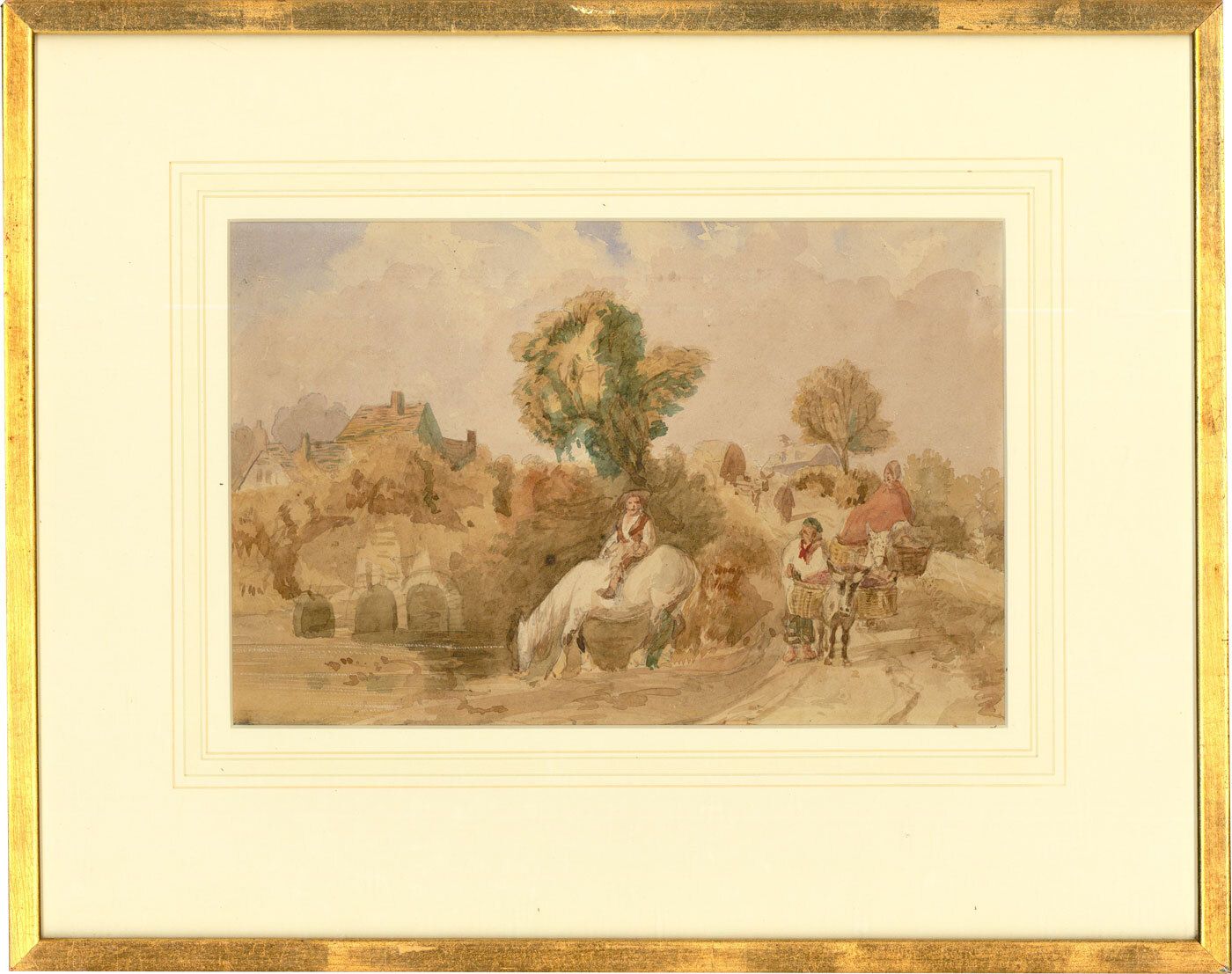 Framed 19th Century Watercolour River Landscape With Travelers