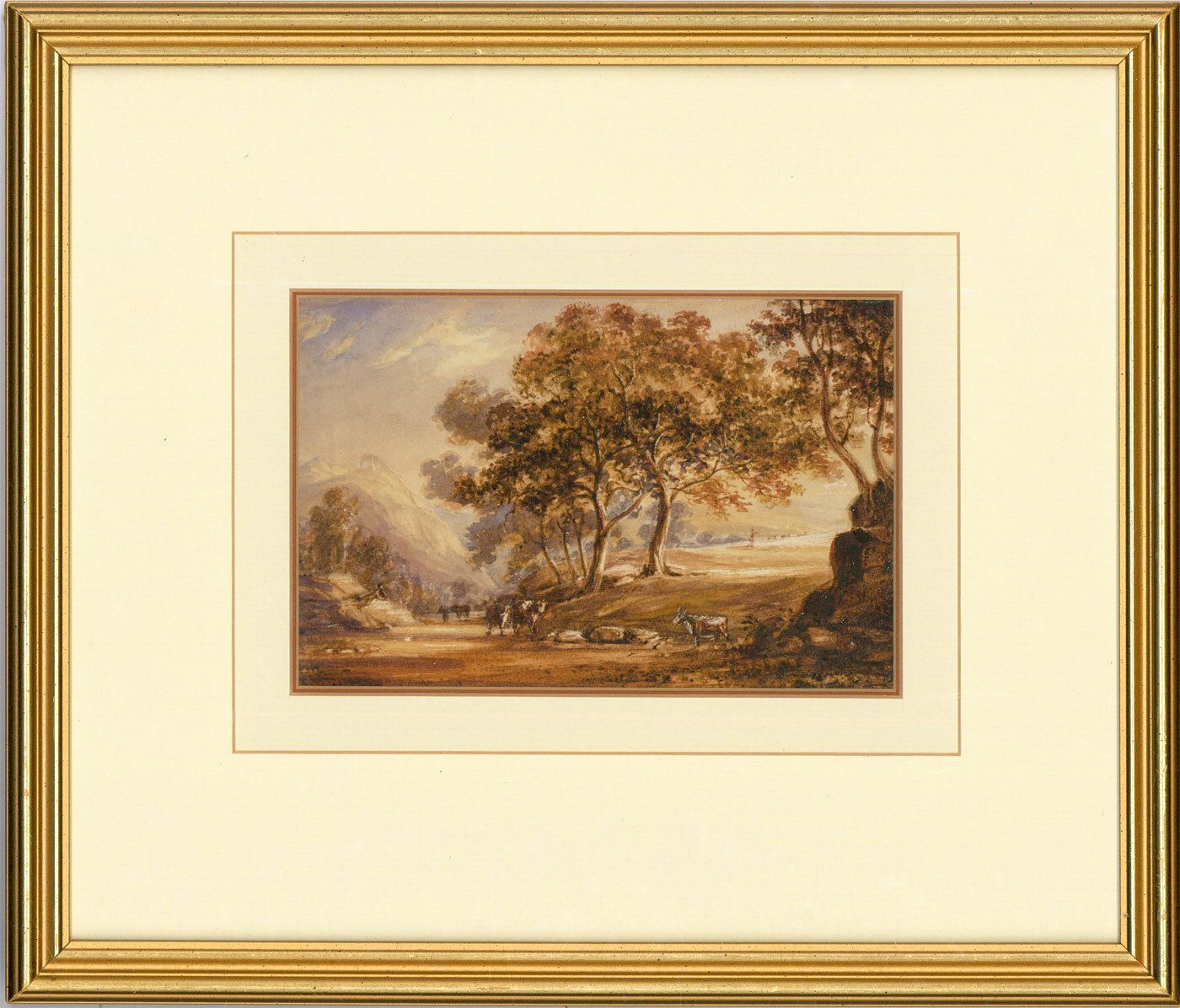 Framed 19th Century Watercolour Mountain Landscape With Cattle