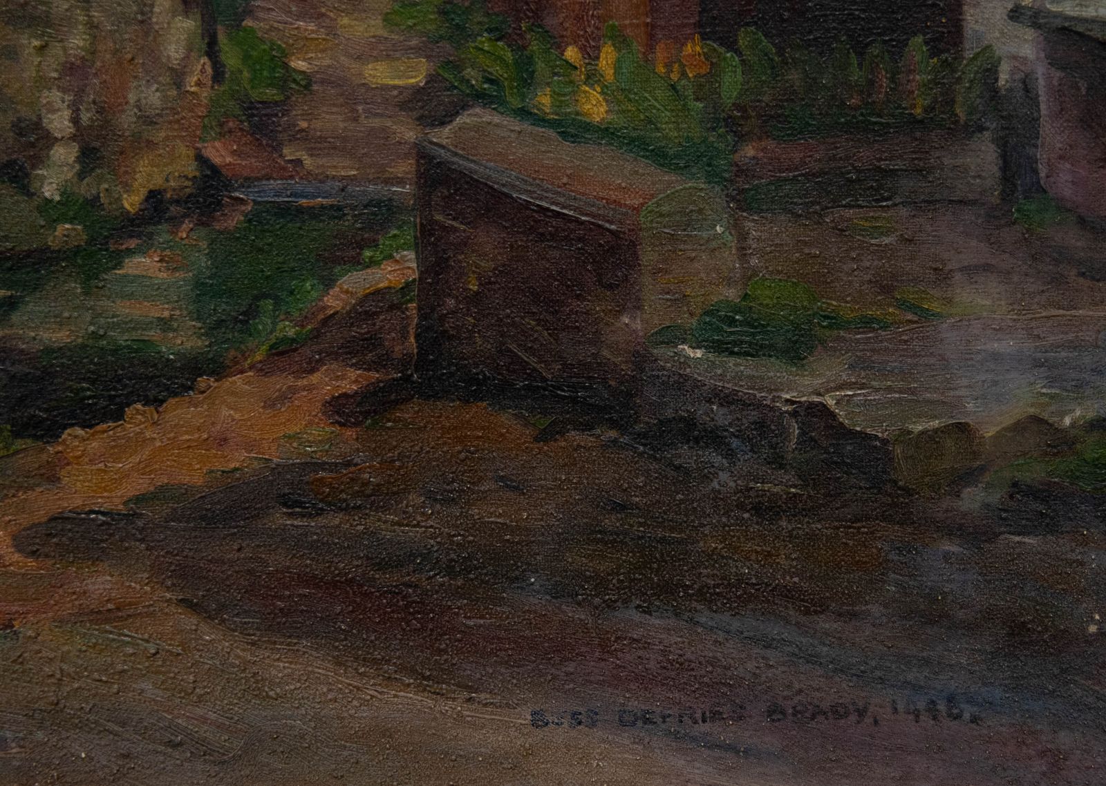 Bess Defries Brady Mid 20th Century Oil, Dwellings By A Stone Bridge photo 198.0