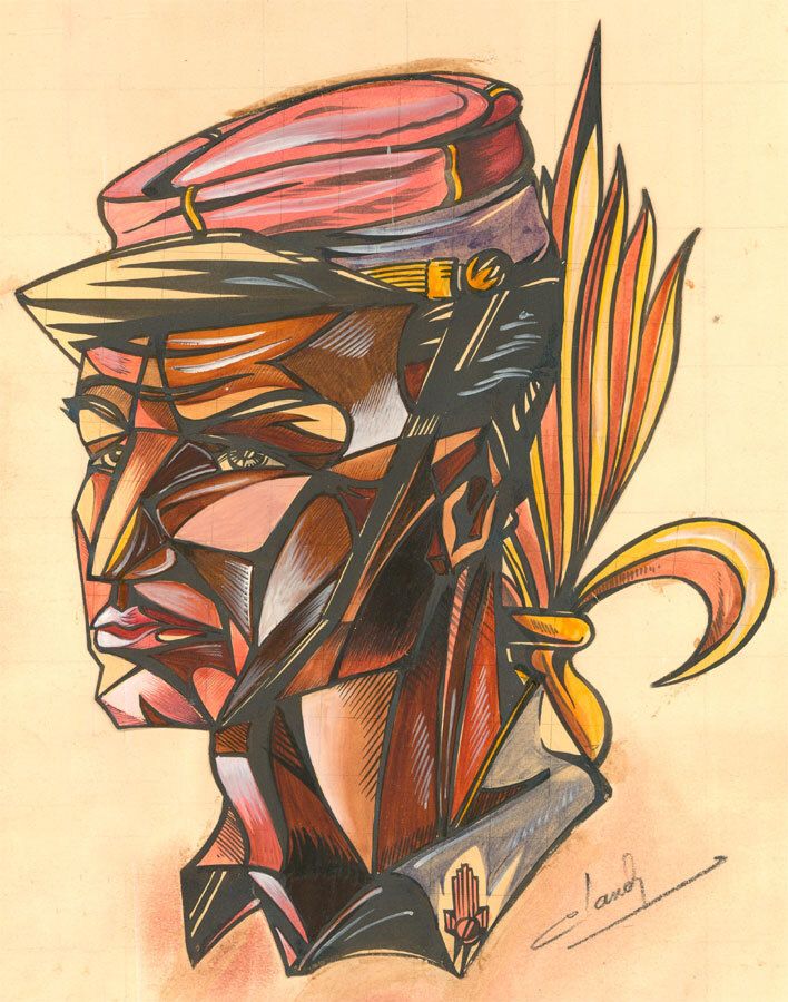 Cubist School 20th Century Pen & Watercolour Portrait Of A Soldier