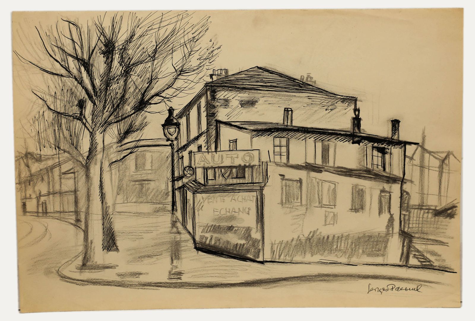 Georges Pacouil (1903 1996) Mid 20th Century India Ink, The Car Dealership II photo furniture
