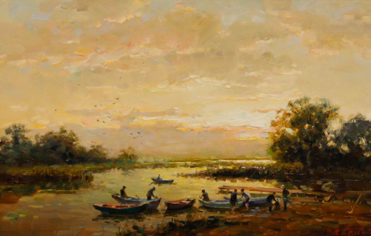 Vladimir Belsky (B.1949) 20th Century Oil, The Riverbank At Sunset photo furniture