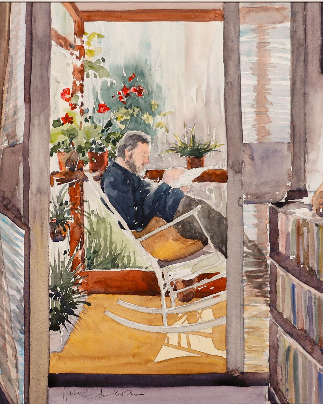 June Bevan (B.1927) 20th Century Watercolour, Ralph In Rocking Chair photo furniture