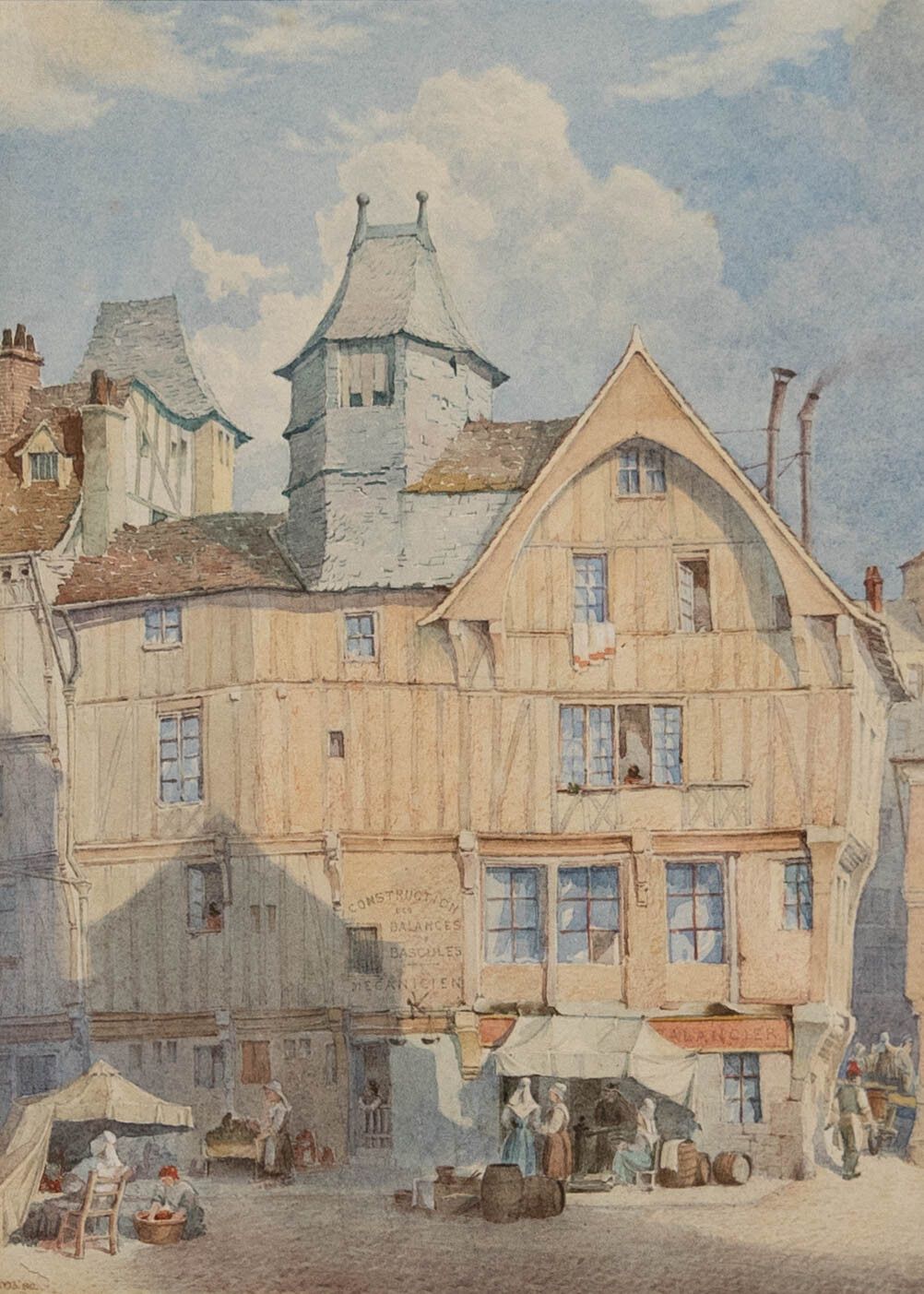 French Late 19th Century Watercolour Ambient Street With Figures photo furniture