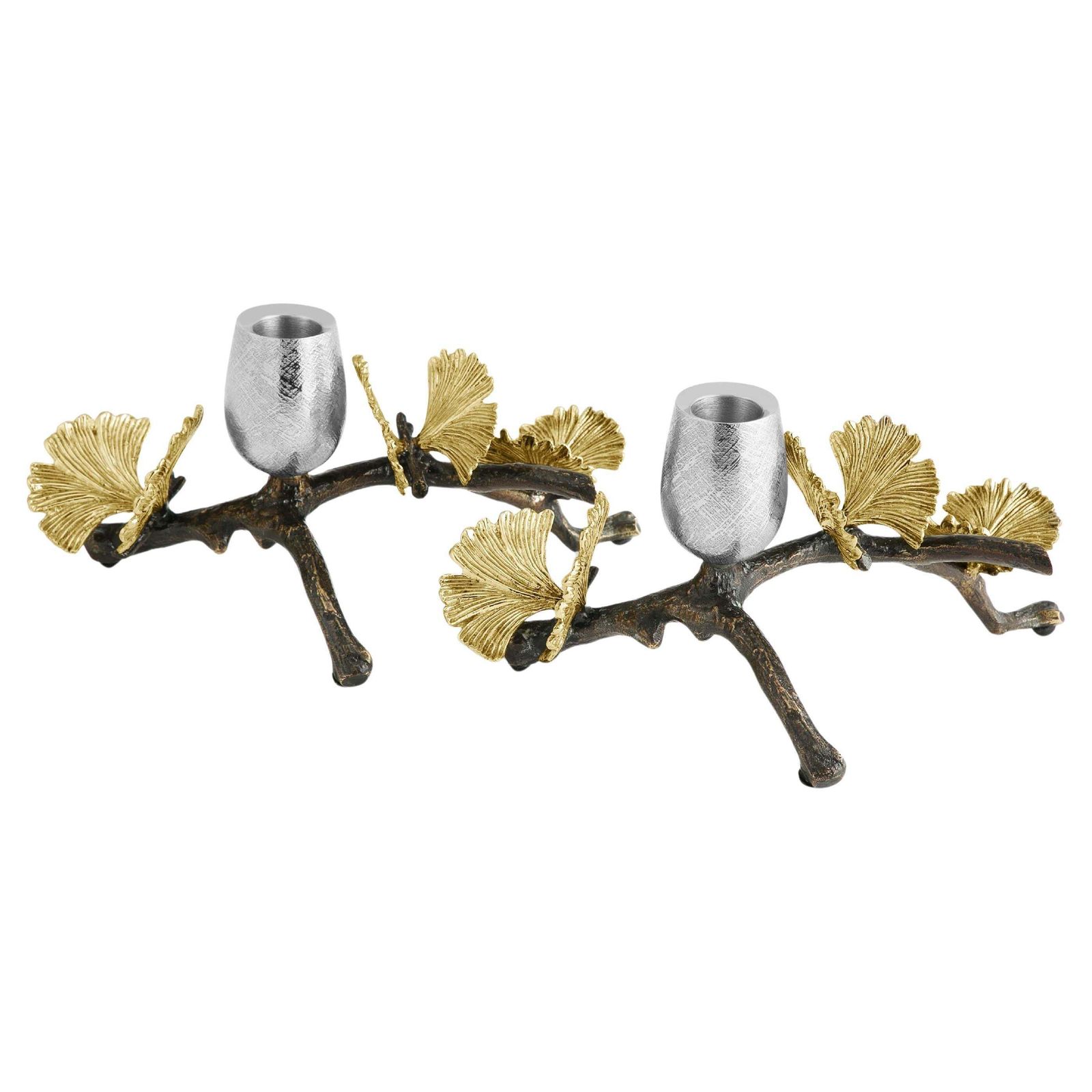 Pair Of Butterfly Ginkgo Candleholders   Made From Oxidised Nickel Plated Brass.