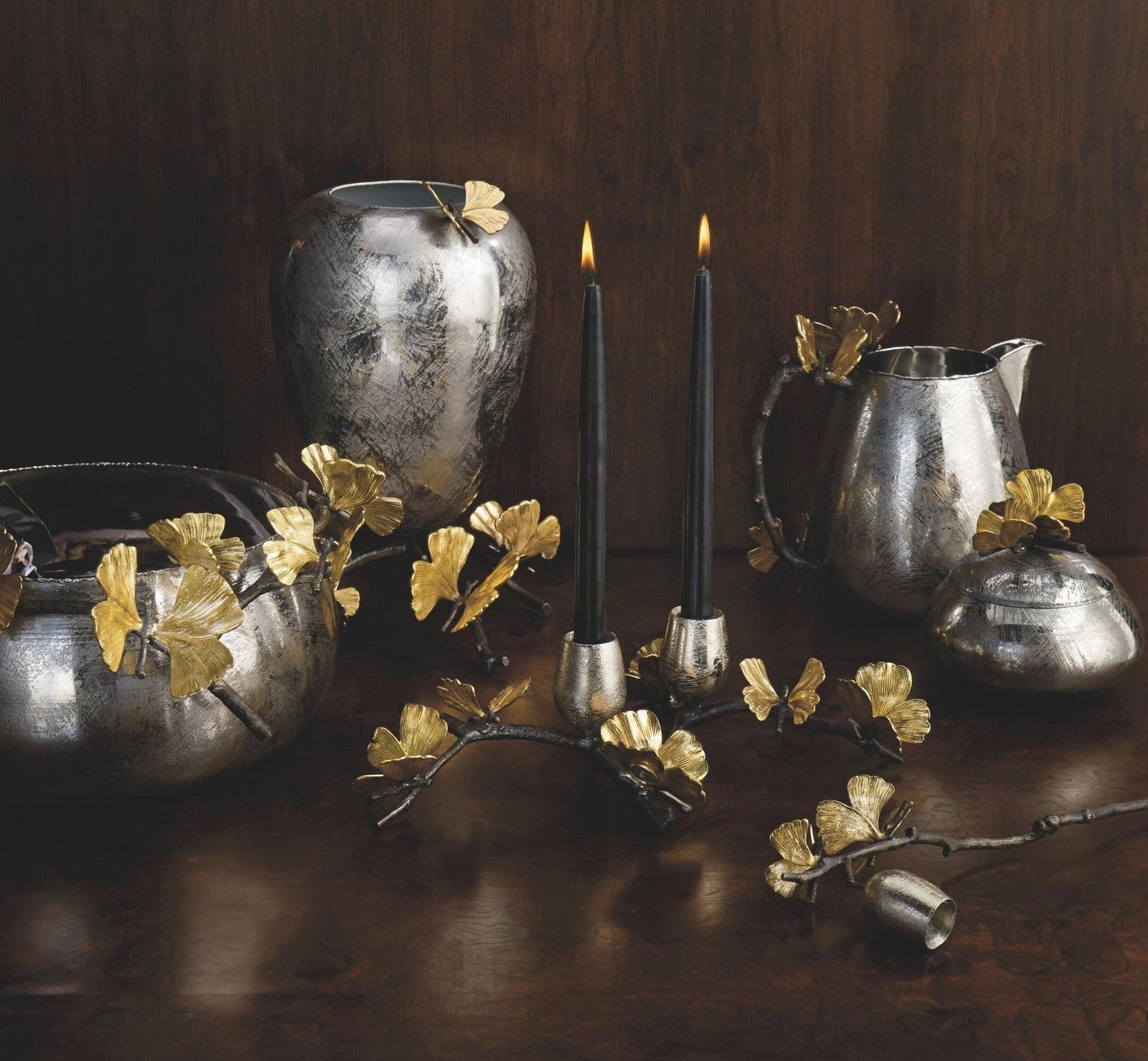 Pair Of Butterfly Ginkgo Candleholders   Made From Oxidised Nickel Plated Brass. photo 591.0