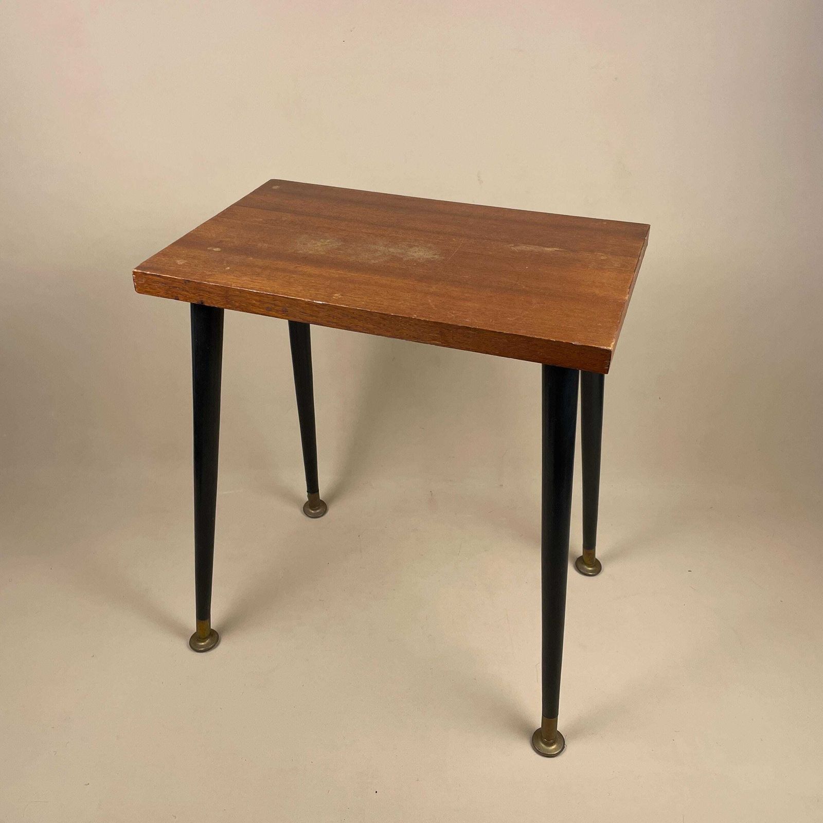 Vintage Retro Wooden Table Rectangle Wood Side Boho Coffee Living Room Retro Lounge Black Pin Legs Gold Edge Plywood Brown photo for sale