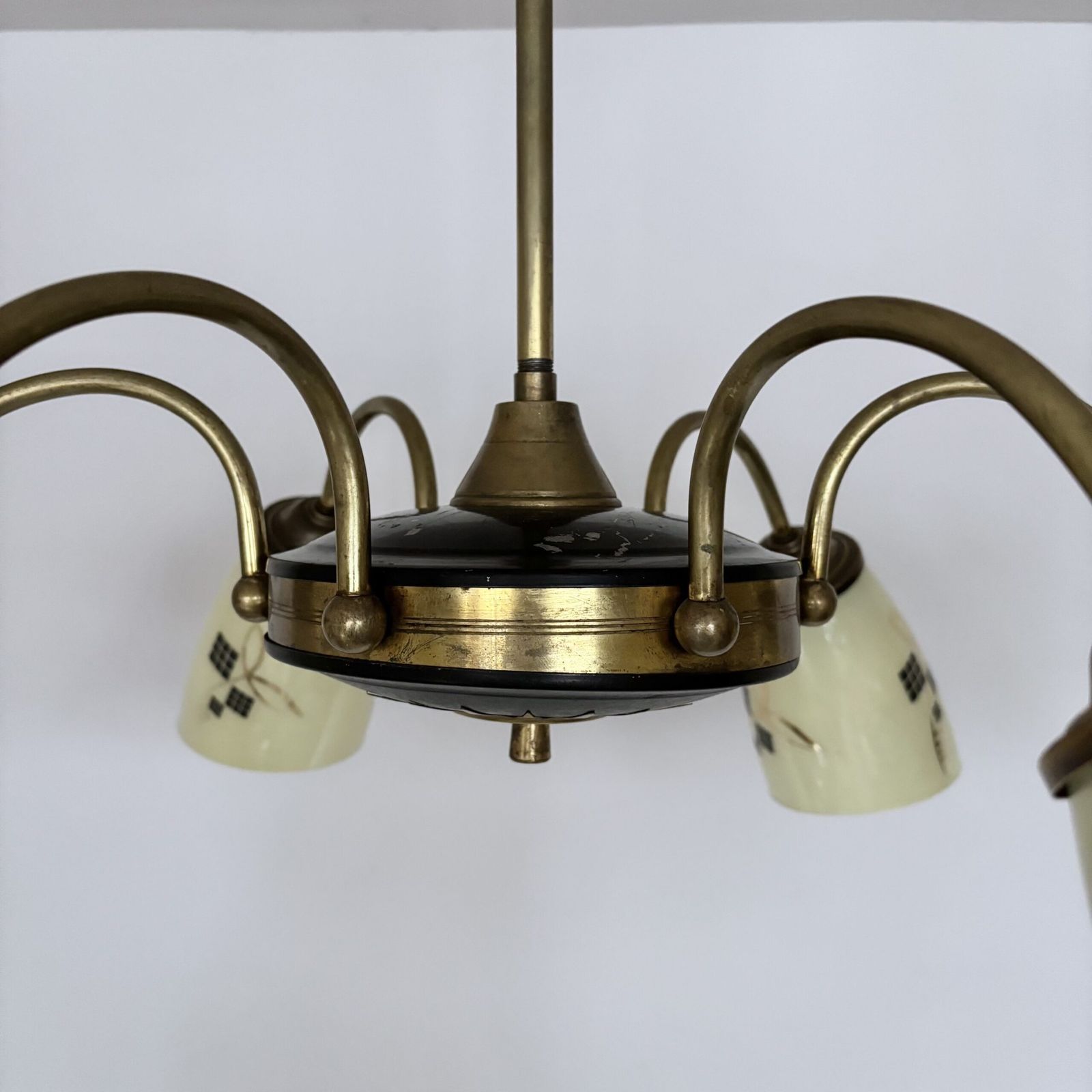 Mid Century Brass And Black Chandelier With Decorative Yellow Glass Shades photo 595.0