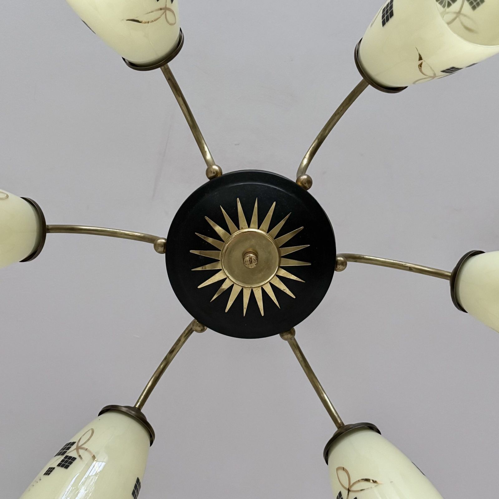 Mid Century Brass And Black Chandelier With Decorative Yellow Glass Shades photo vintage