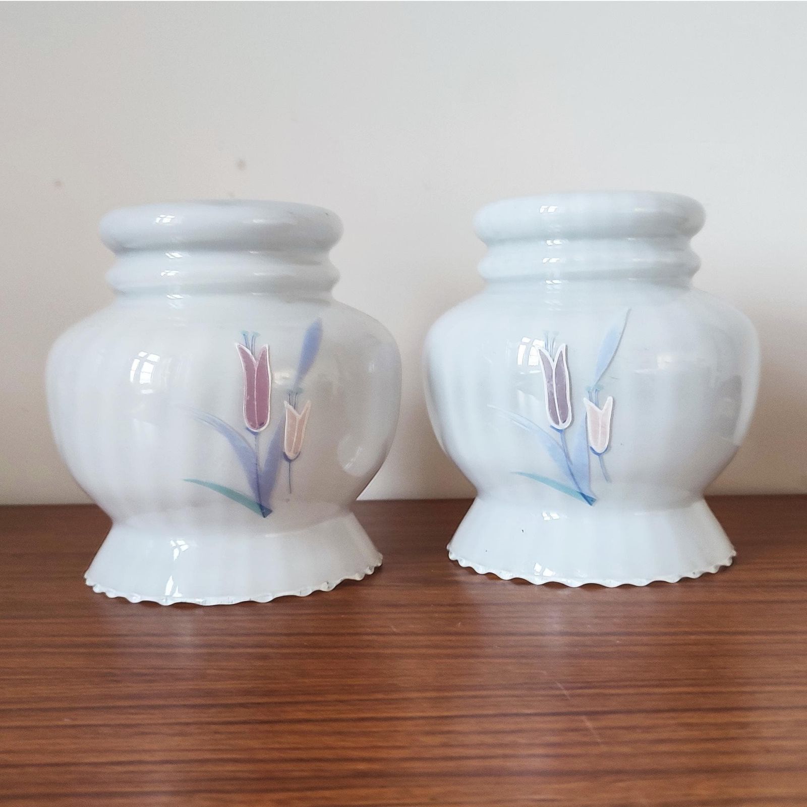 Vintage Milk Glass Pendant Ceiling Light Shades   60's Floral Pair Of Round Bell Shaped Scallop Edge Frilly Base   Blue Lilac Peach Floral