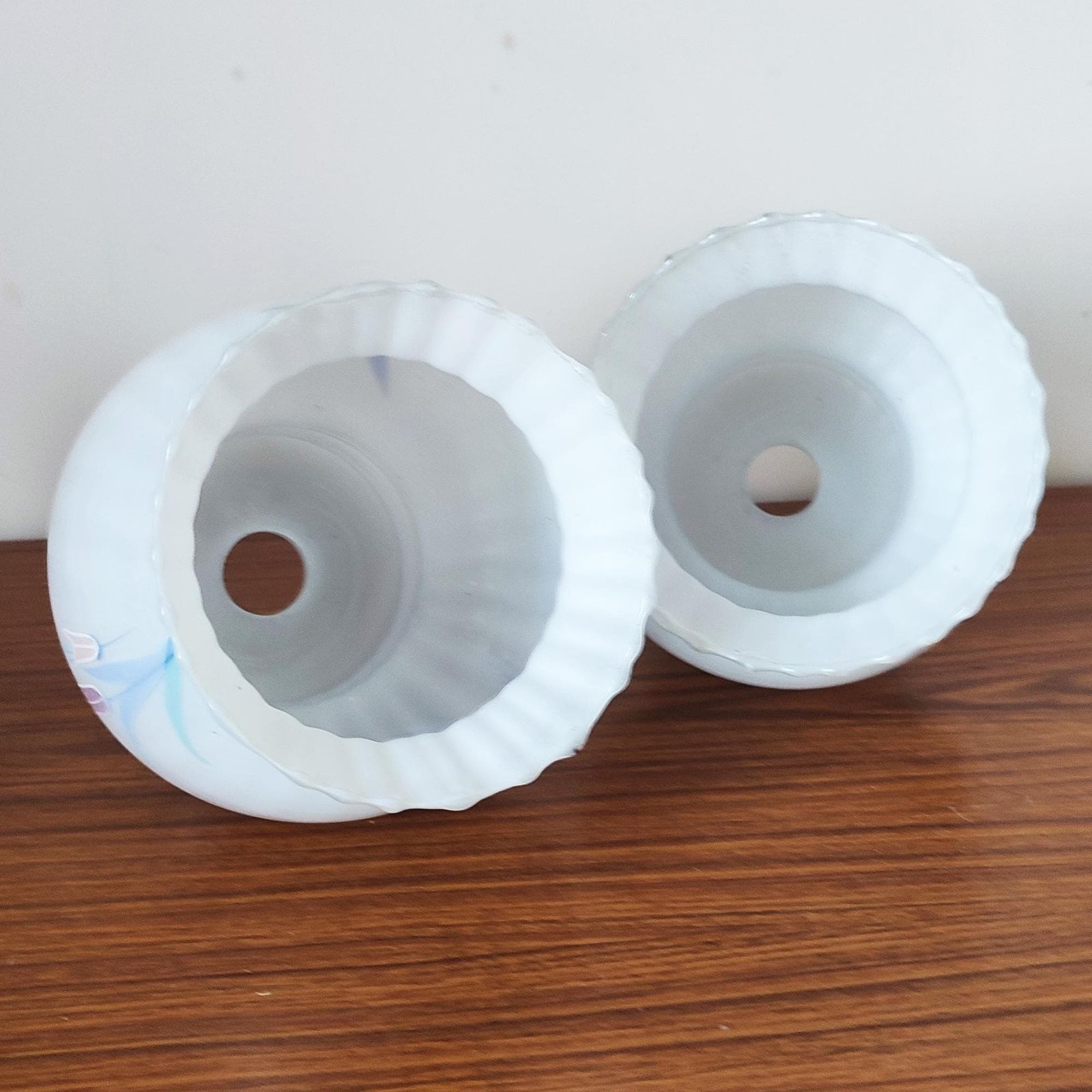 photo for sale Vintage Milk Glass Pendant Ceiling Light Shades   60's Floral Pair Of Round Bell Shaped Scallop Edge Frilly Base   Blue Lilac Peach Floral