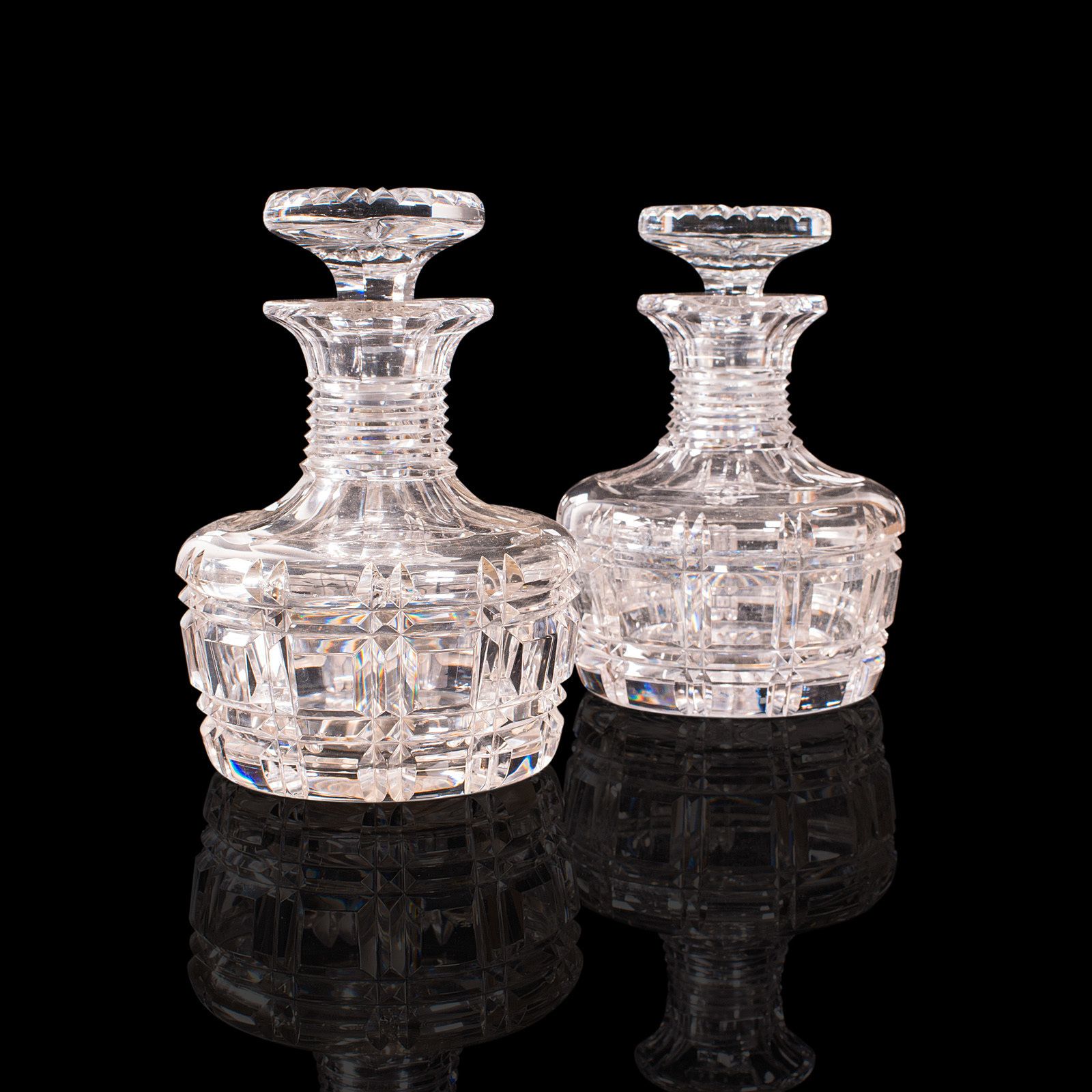 Pair, Antique Sherry Decanters, English, Glass, Spirit, Liquor Flask, C.1910