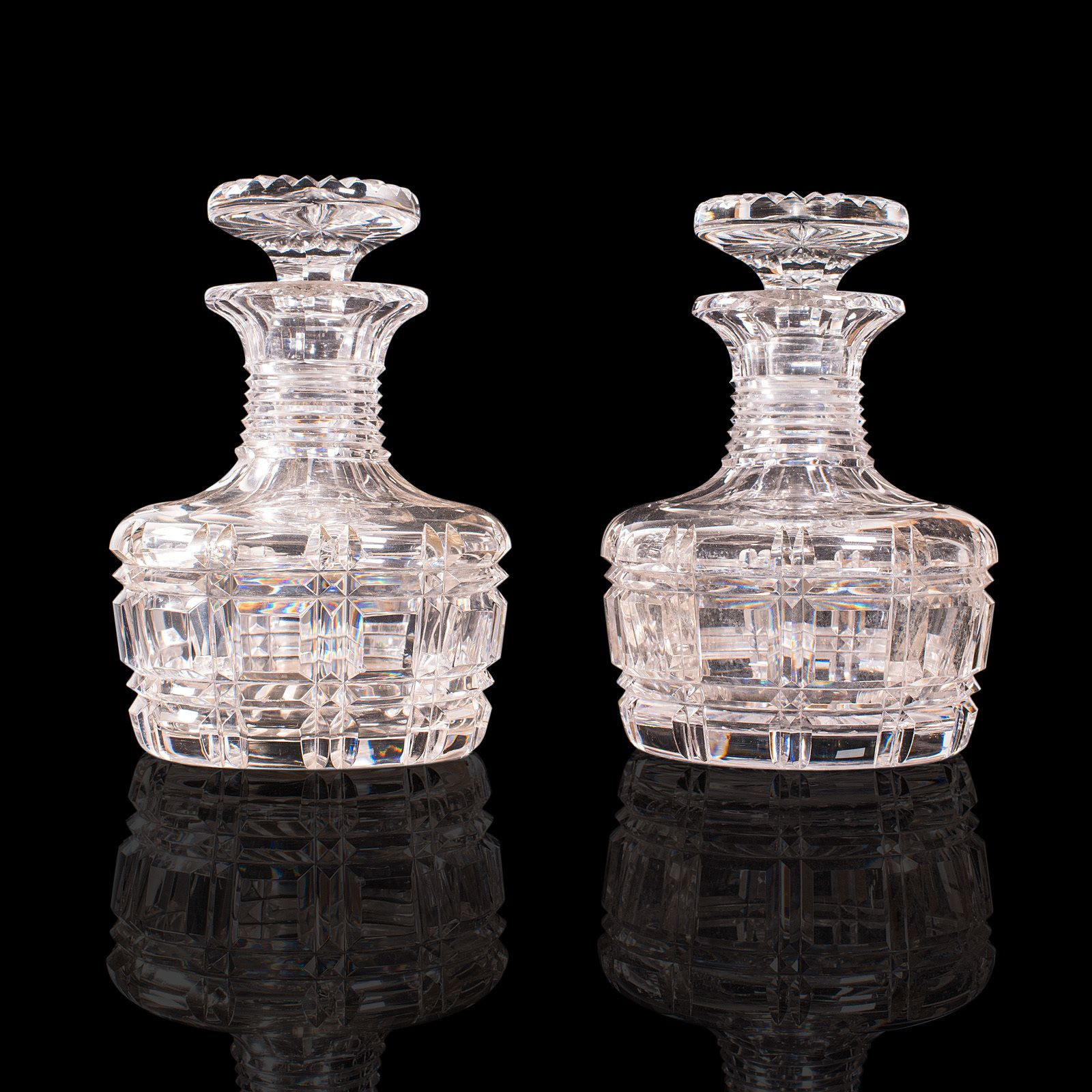 Pair, Antique Sherry Decanters, English, Glass, Spirit, Liquor Flask, C.1910 photo vintage