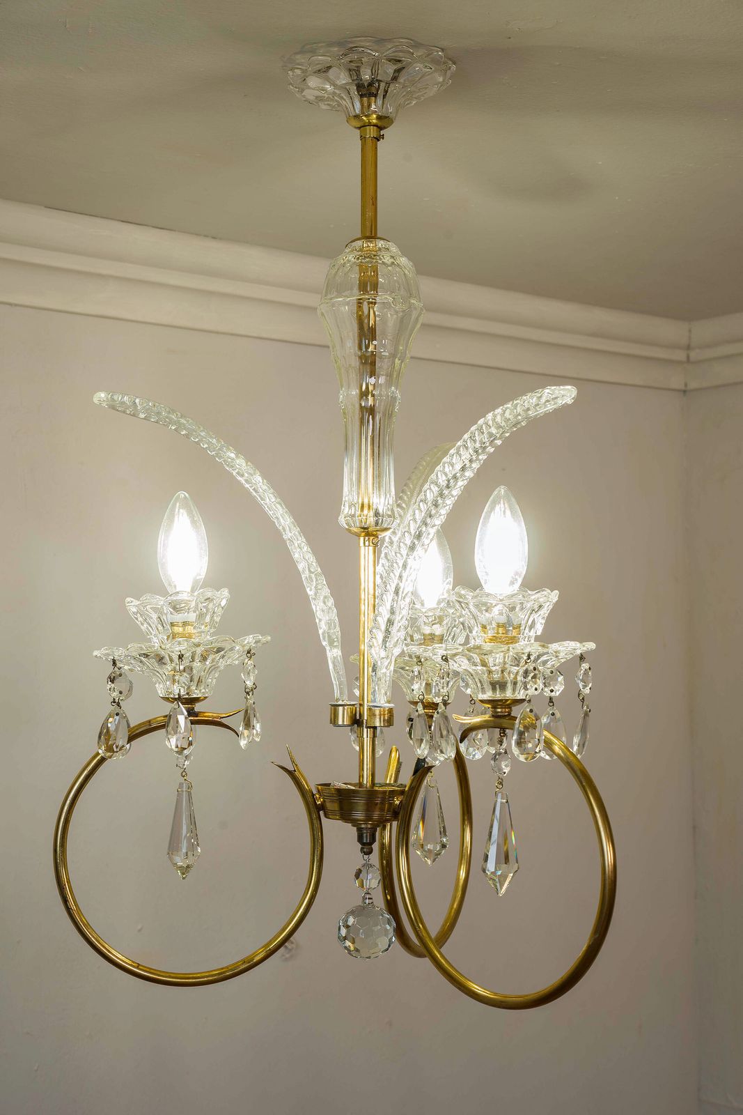 Mid Century 3 Light Murano Glass Chandelier   Vintage 1950s Elegance