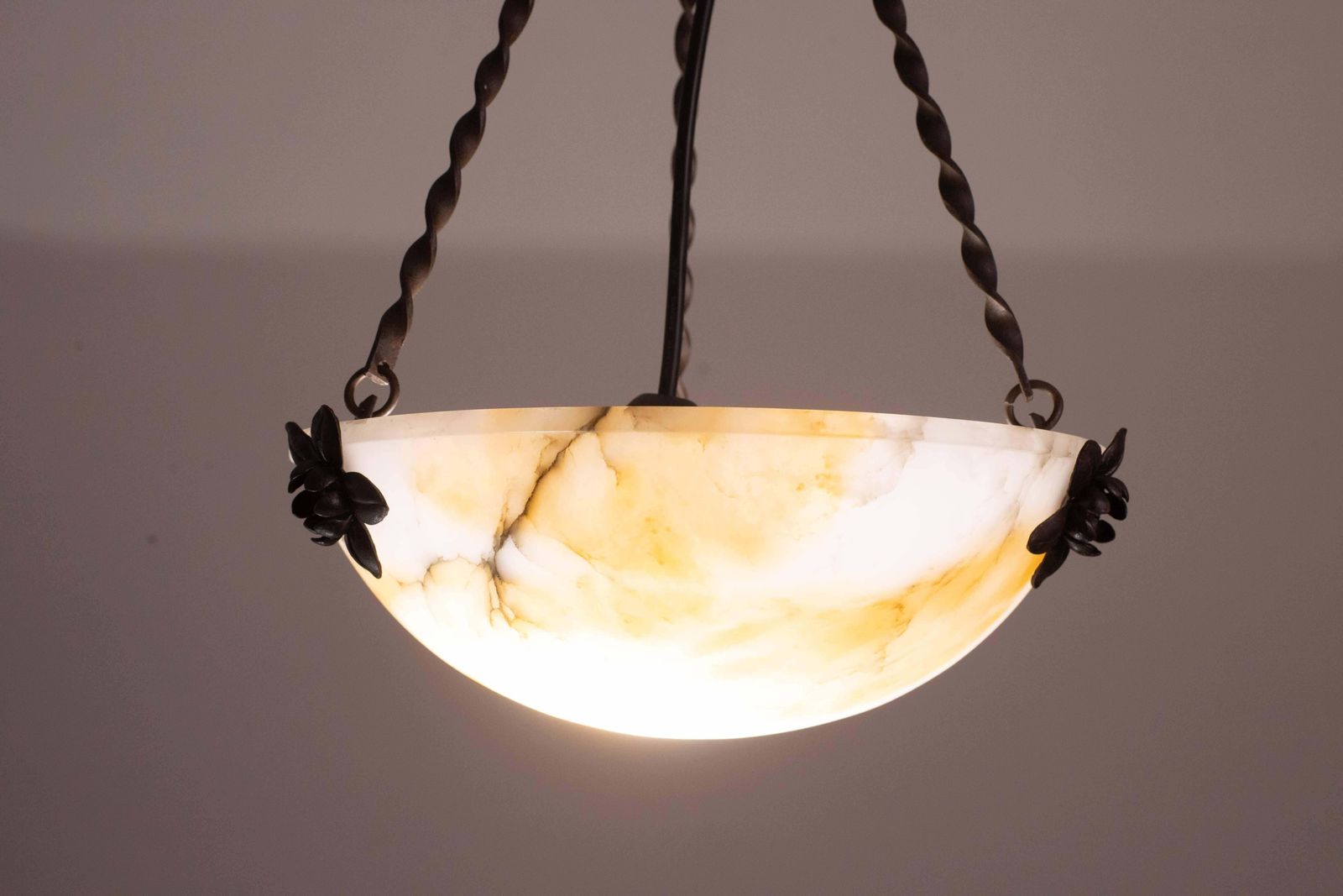 photo for sale Great Design Art Decò Orange And White Alabaster Chandelier, 1950