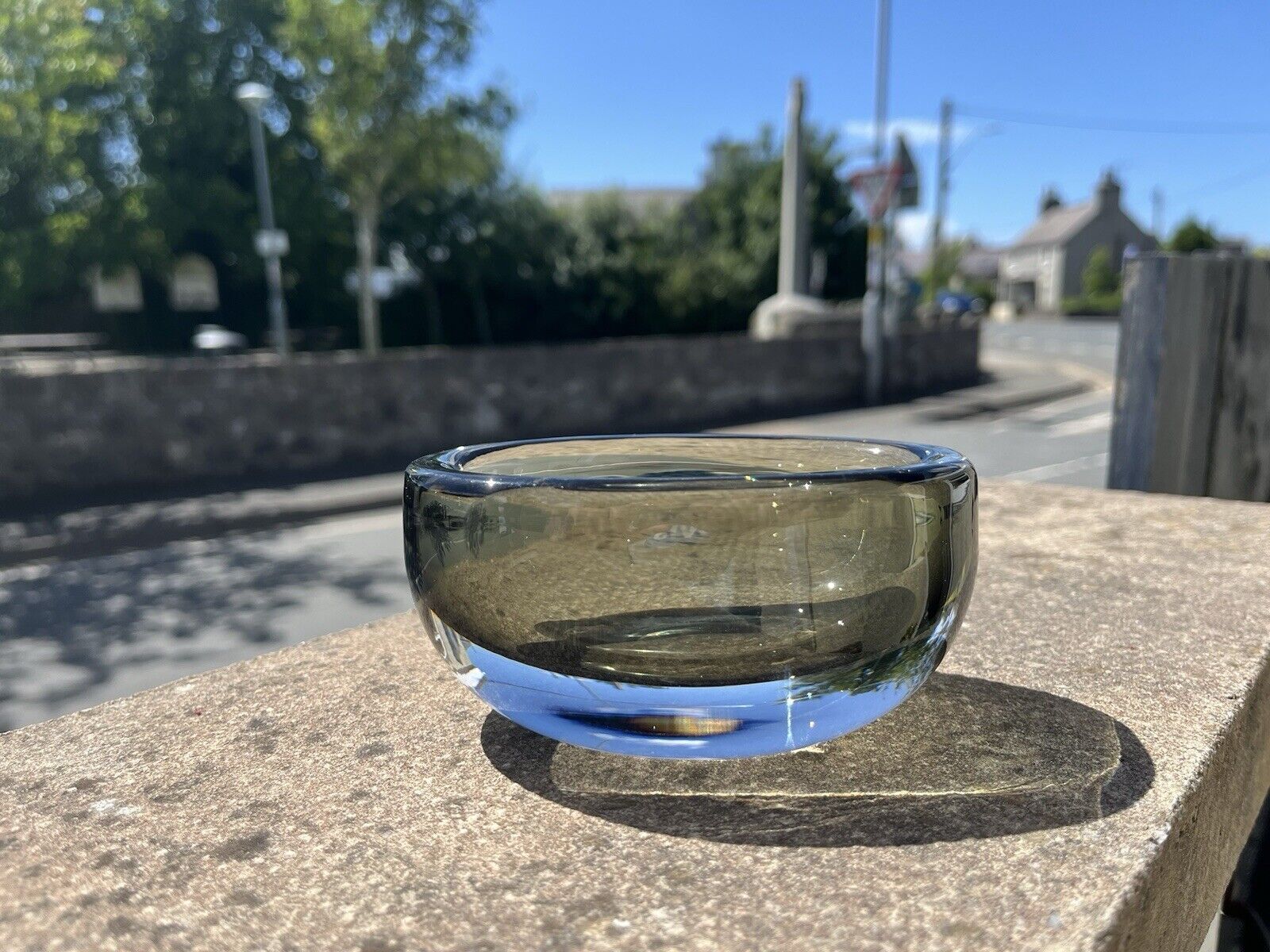 Signed 1950's Swedish Orrefors Nils Landberg Smoke Grey Glass Scandi Geode Bowl photo for sale