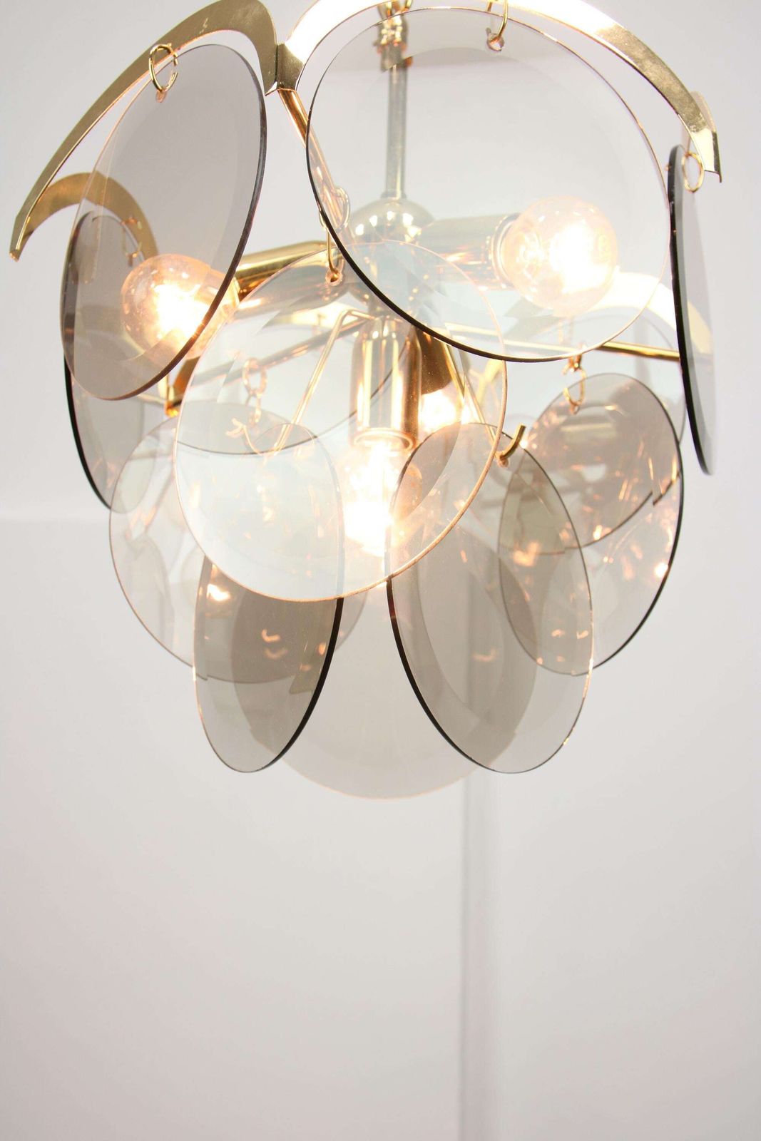 Vintage Vistosi Chandelier / Gold Metal Base With 12 Smoked Glass Discs / Italy 1970s / Mid Century Modern Pendant Lamp / Designer Lighting photo furniture