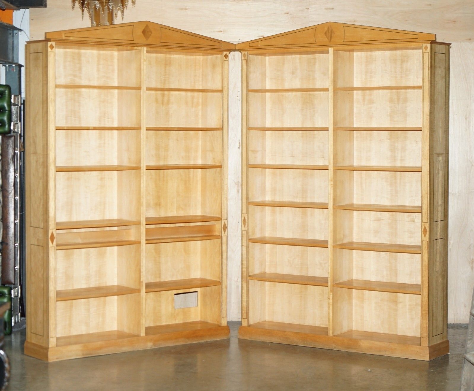 Pair Of Huge 2.5 Meter Tall Satin Birch & Walnut Steeple Top Library Bookcases