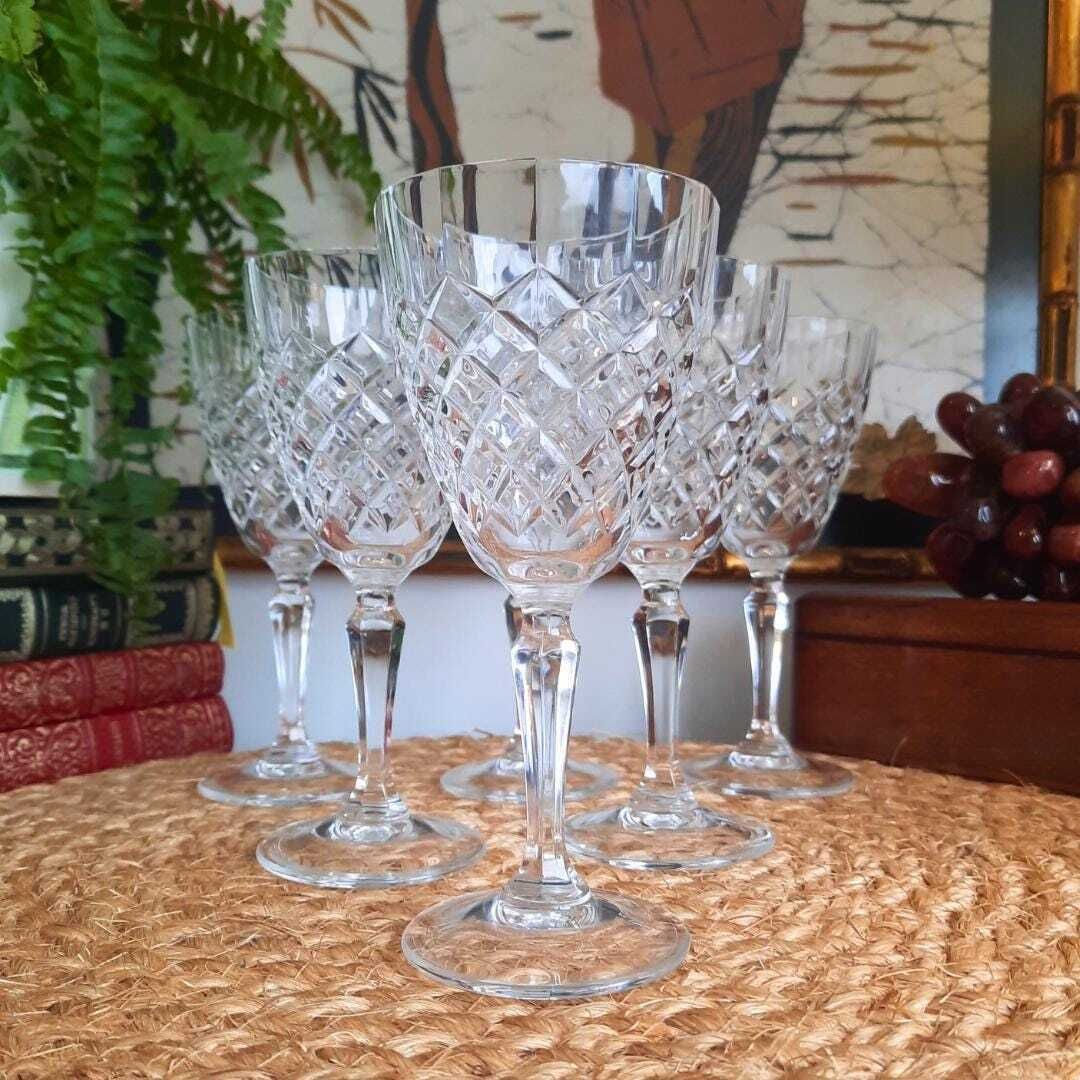 Vintage Set Of 6 Crystal D'arques Durand Dauphine Pattern Wine Glasses H 6.2 photo for sale