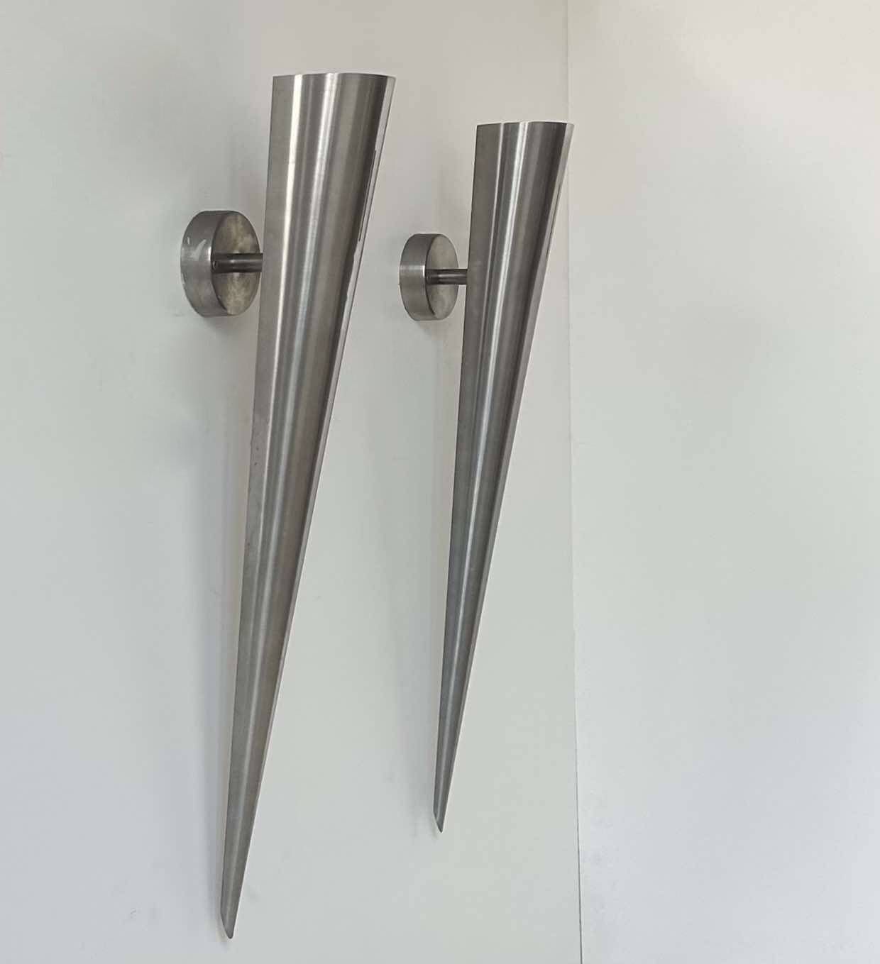 photo for sale Pair Of Vintage Xl Wall Lights, Brushed Curved Metal, France 1980