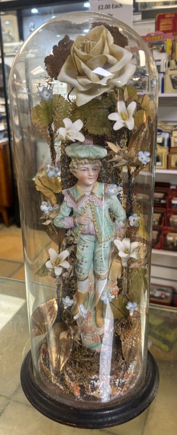 Antique Victorian Continental Floral Figurine In Glass Dome