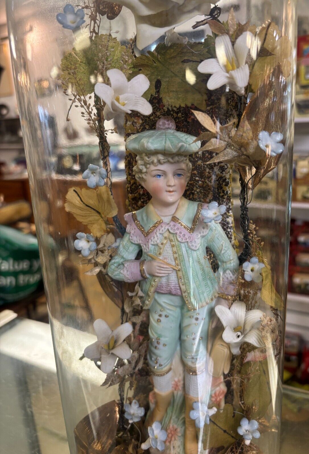 Antique Victorian Continental Floral Figurine In Glass Dome photo Home Decor