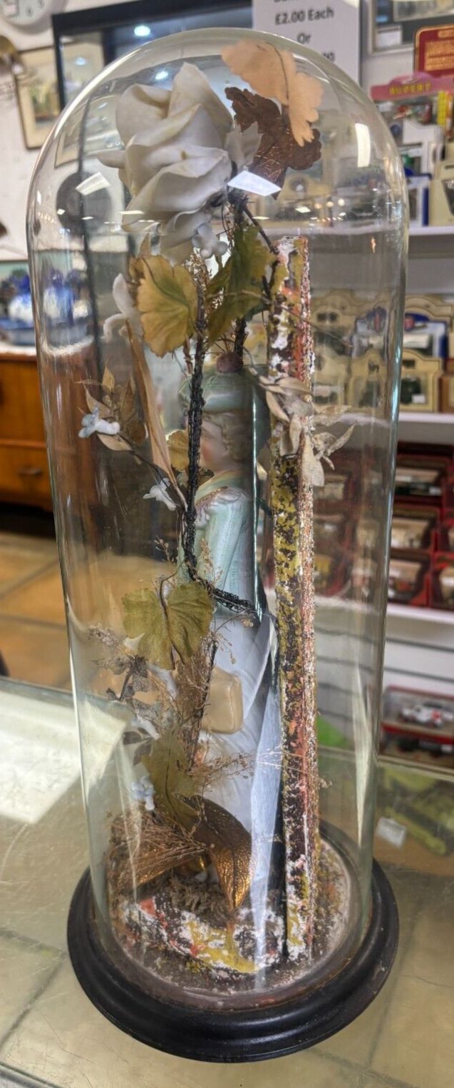 Antique Victorian Continental Floral Figurine In Glass Dome photo vinterior
