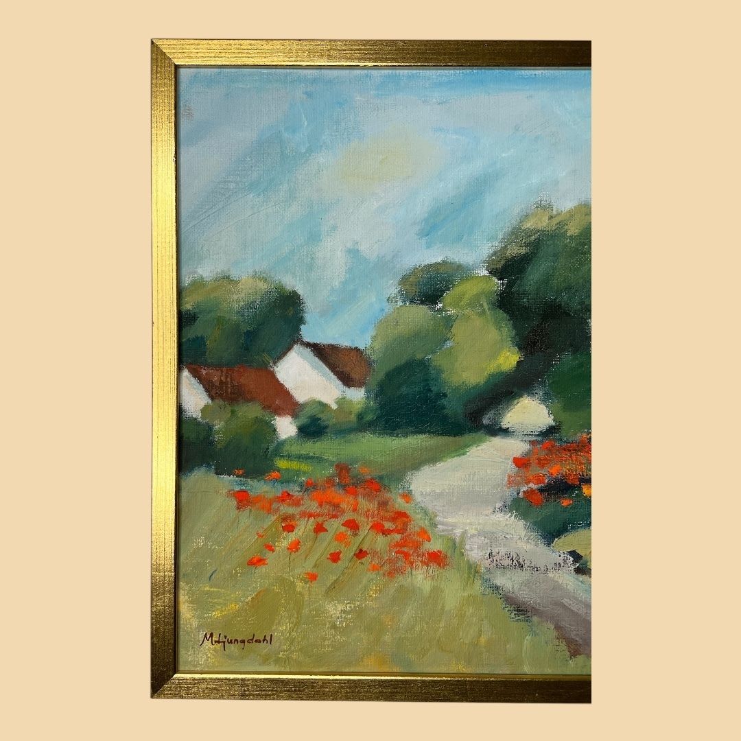 Landscape With Houses And Poppies, Oil On Canvas Landscape Painting photo for sale
