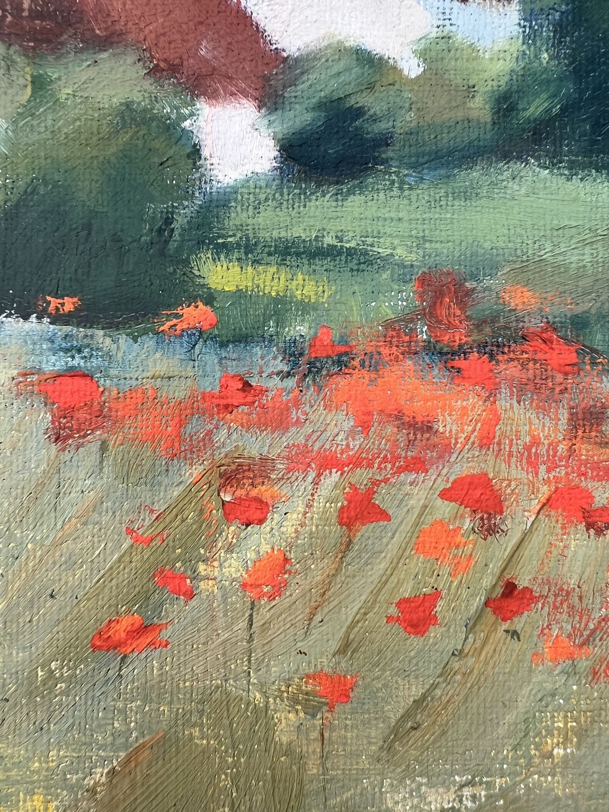 Landscape With Houses And Poppies, Oil On Canvas Landscape Painting photo Art