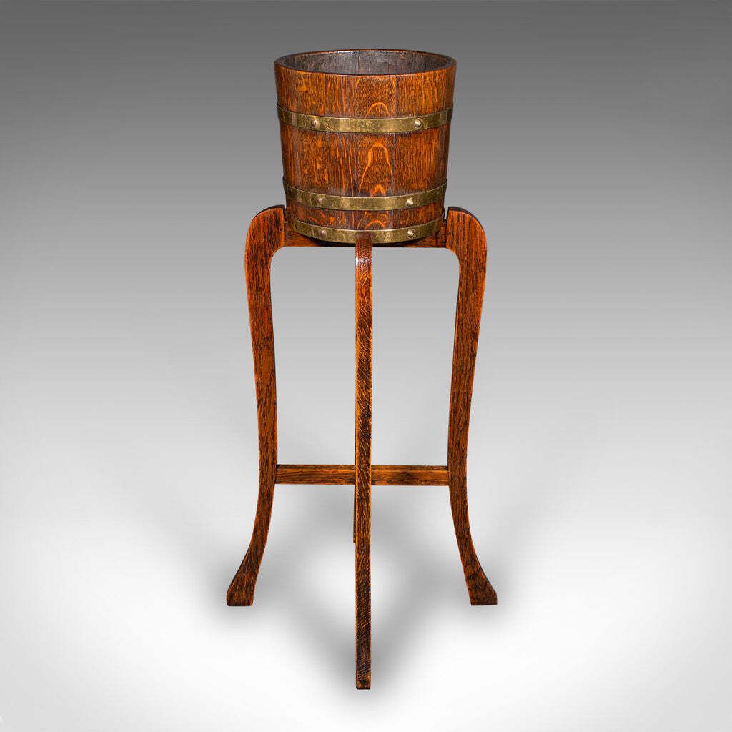 Antique Coopered Barrel Jardiniere Stand, English Oak, Brass, Planter, Edwardian photo 795.0