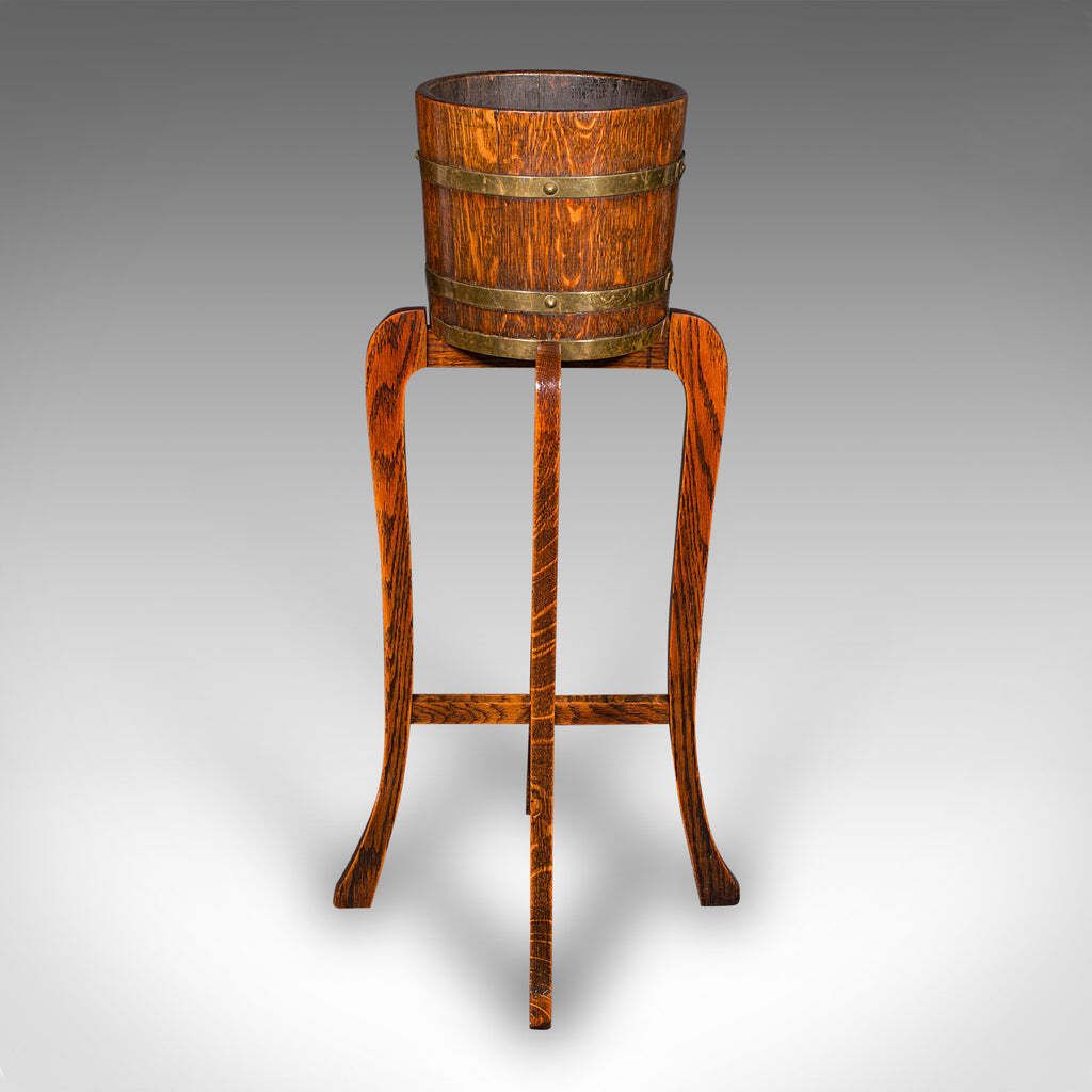 Antique Coopered Barrel Jardiniere Stand, English Oak, Brass, Planter, Edwardian photo vinterior