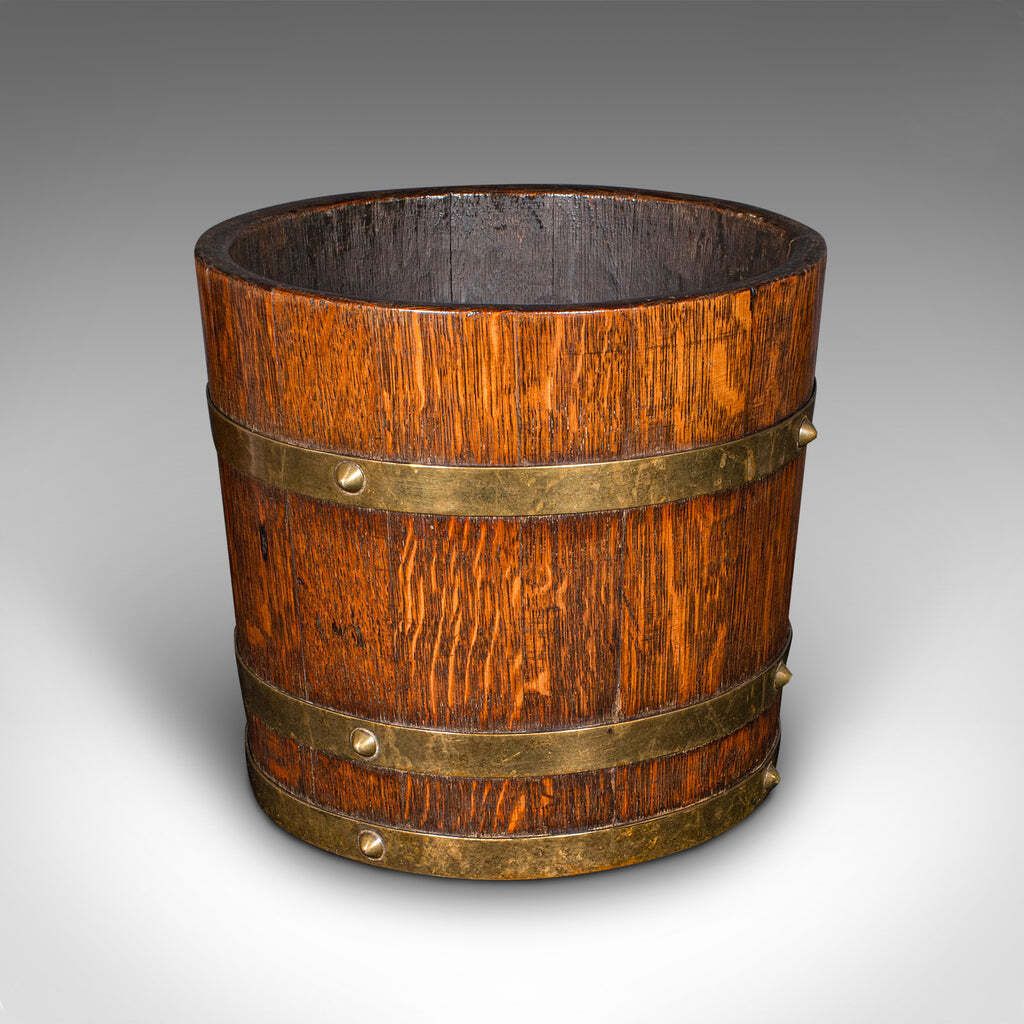 Antique Coopered Barrel Jardiniere Stand, English Oak, Brass, Planter, Edwardian photo buy