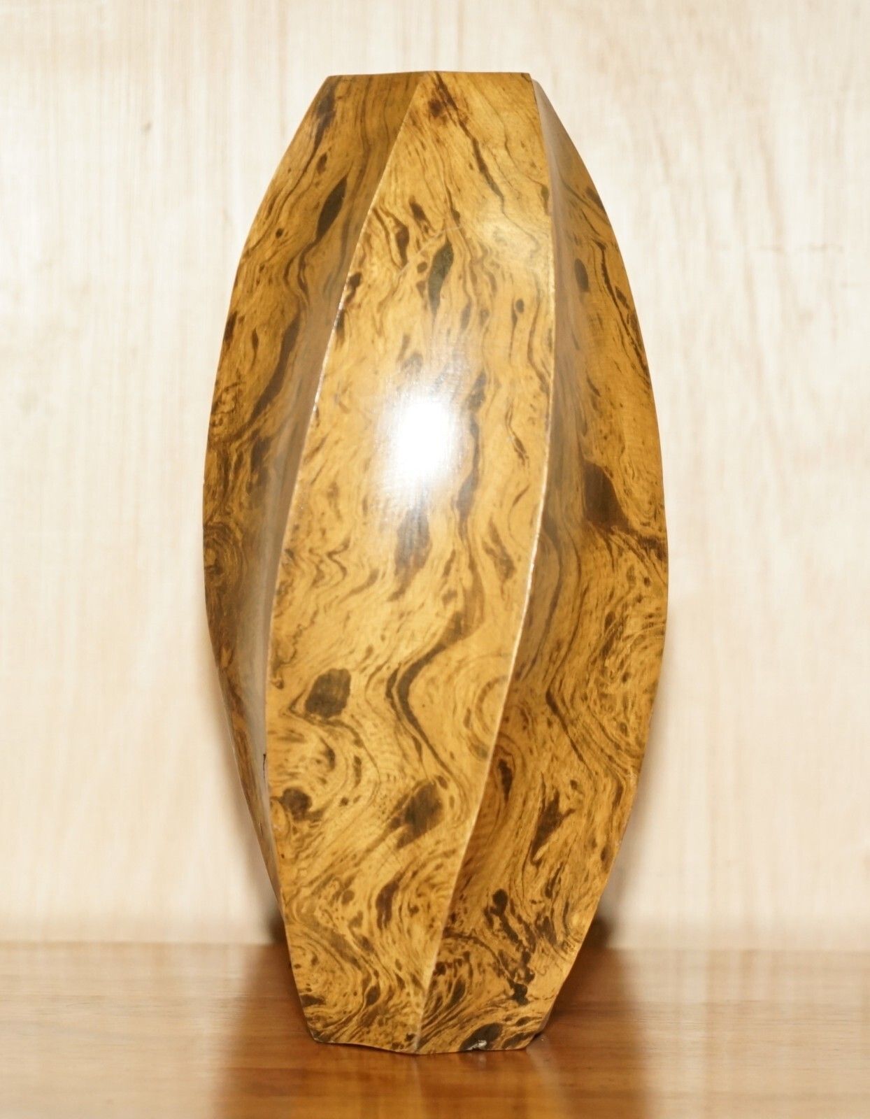 Lovely Ornately Sculpted Olive Wood Spiral Flower Vase Must See Timber Patina!