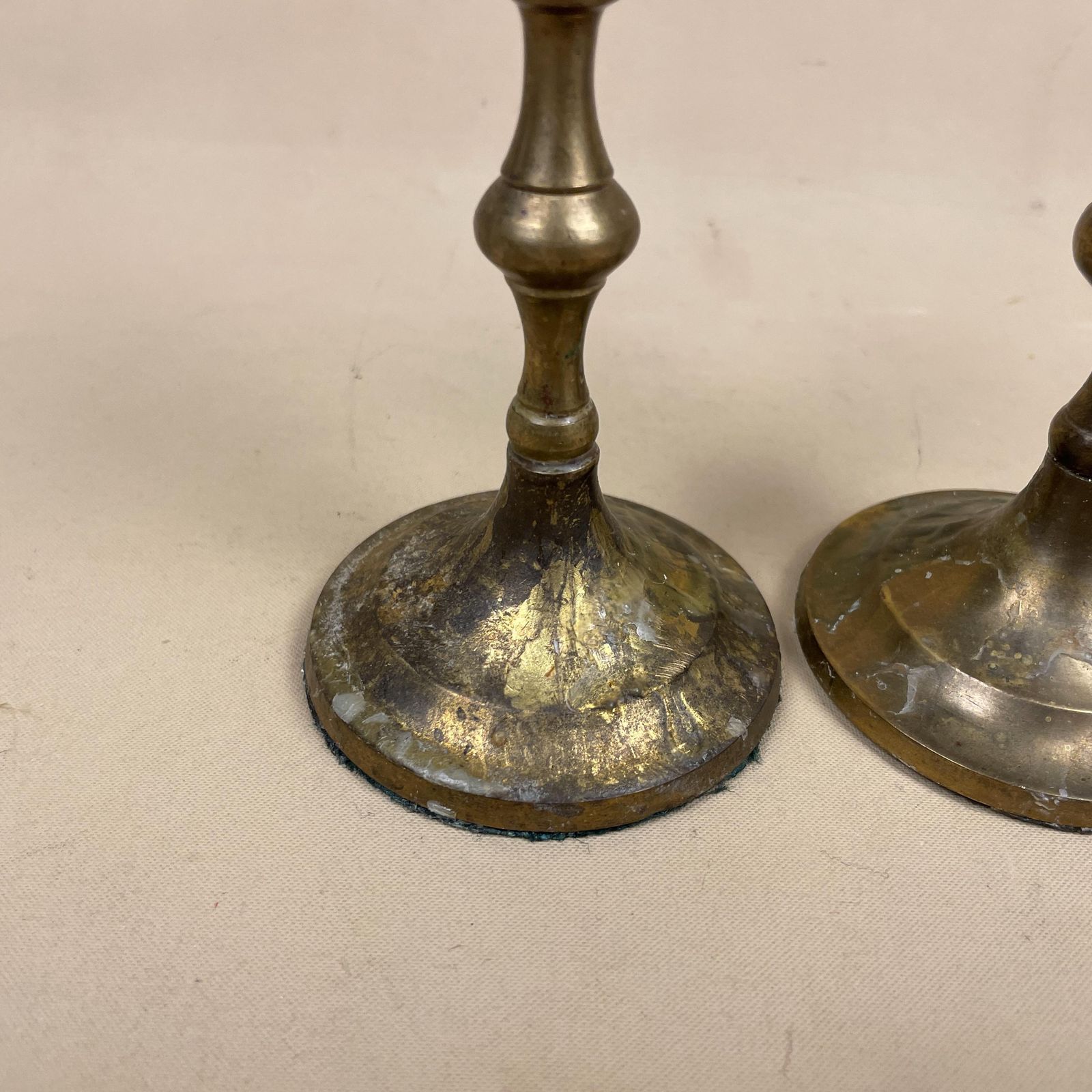 Antique Matching Pair Of Gold Brass Metal Candlestick Candle Stick Vintage Column Taper Dinner Candlesticks Round Base Column Pillar photo furniture