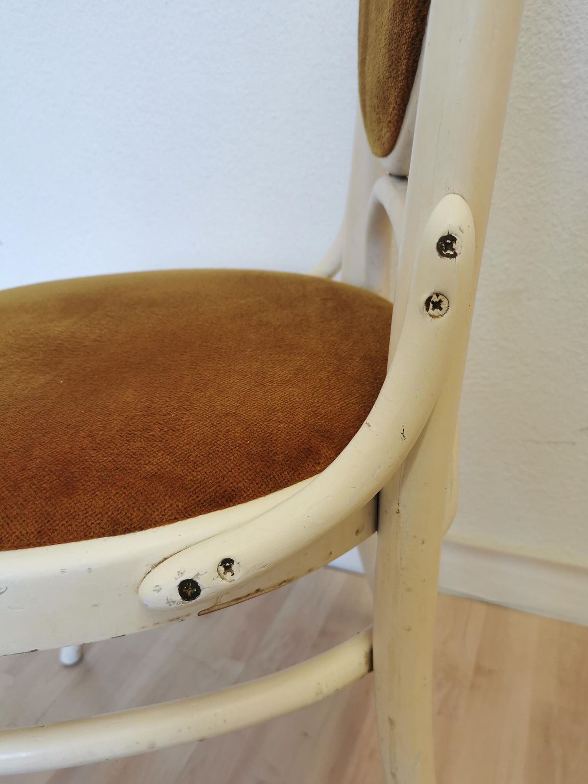 Vintage High Backrest Dine Chair / Thonet White Wooden Bentwood Dining Chair With Yellow Fabric / 1970s Yugoslavia / Mid Century Dining Room photo vinterior