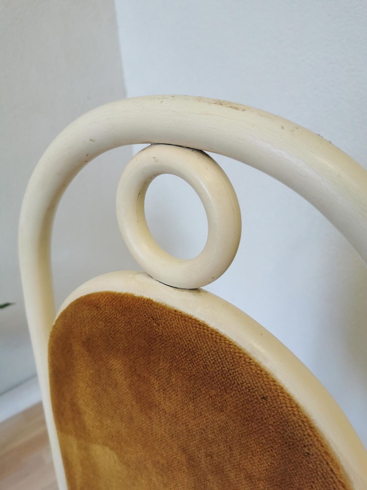 photo for sale Vintage High Backrest Dine Chair / Thonet White Wooden Bentwood Dining Chair With Yellow Fabric / 1970s Yugoslavia / Mid Century Dining Room